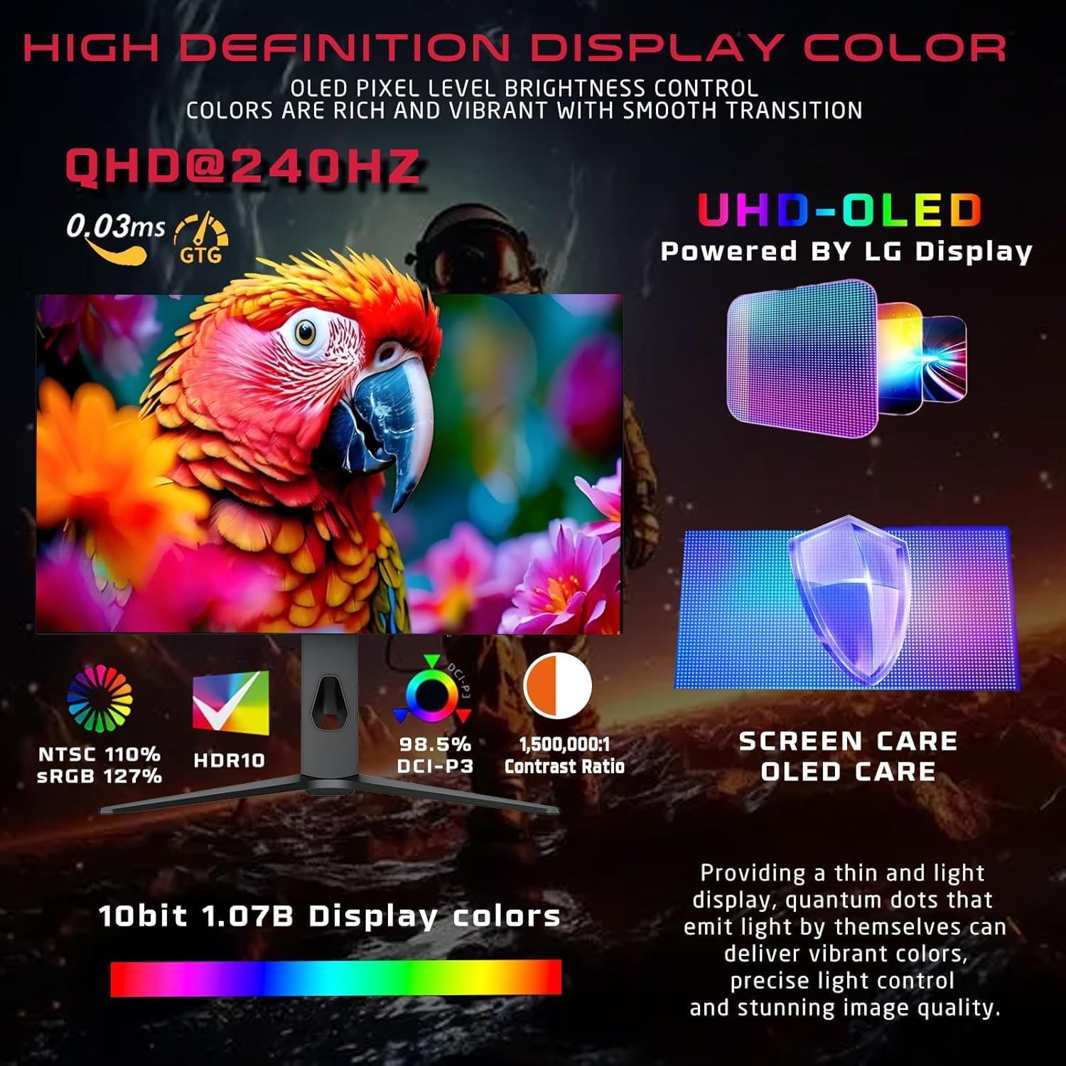 GAMEON 27" Black OLED QHD Gaming Monitor, 240Hz, 0.03ms, HDMI 2.1 (Supports PS5), DP 1.4, USB-C 65W, HDR10, FreeSync, G-Sync, 10-Bit, 98.5% DCI-P3, KVM, RGB, Adjustable Height Tilt Pivot Swivel