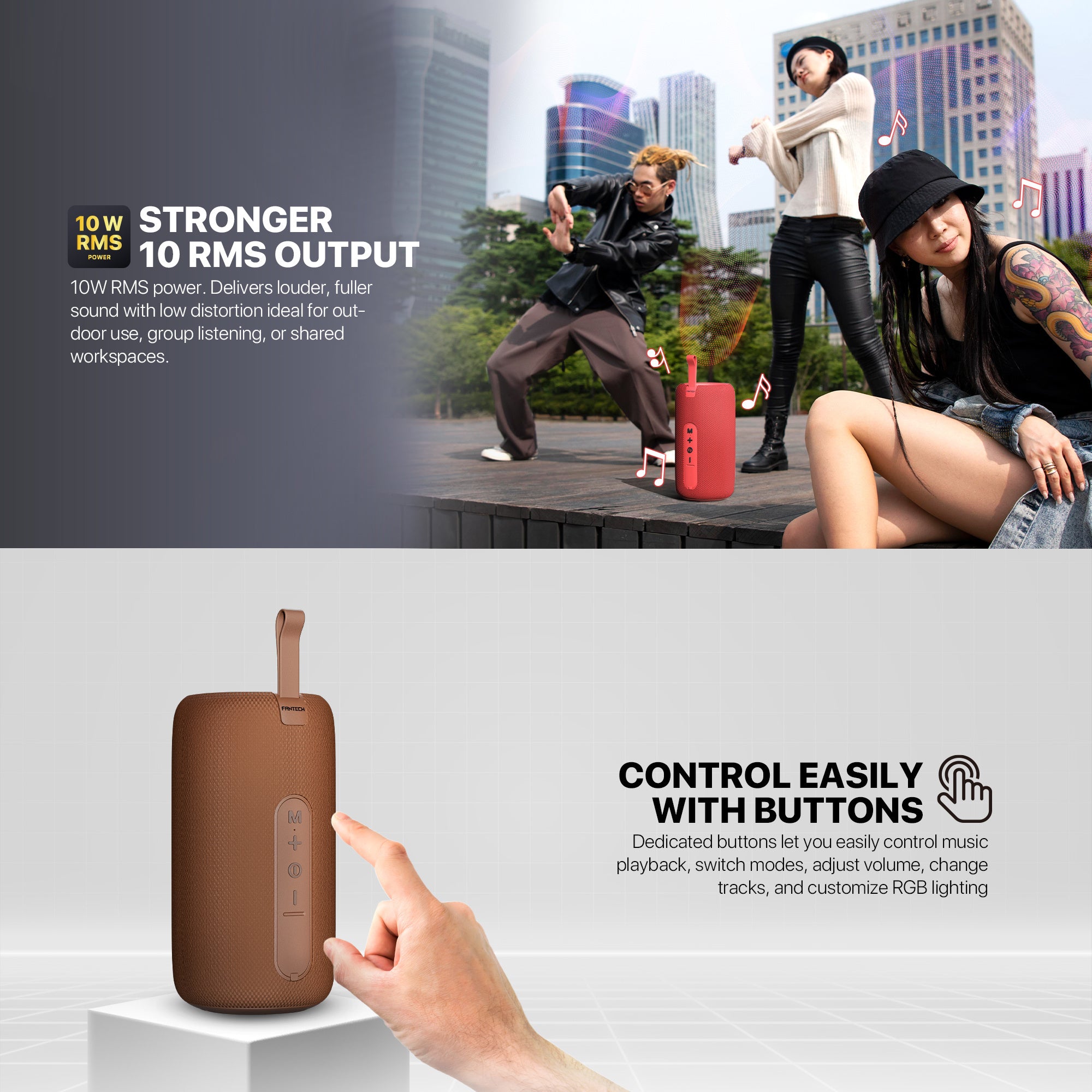 FANTECH BS159 True Wireless RMS Speaker TWS Deep Bass 10W 57mm Driver 4-Way Connectivity BT TF Card USB RGB Portable Speaker - Red