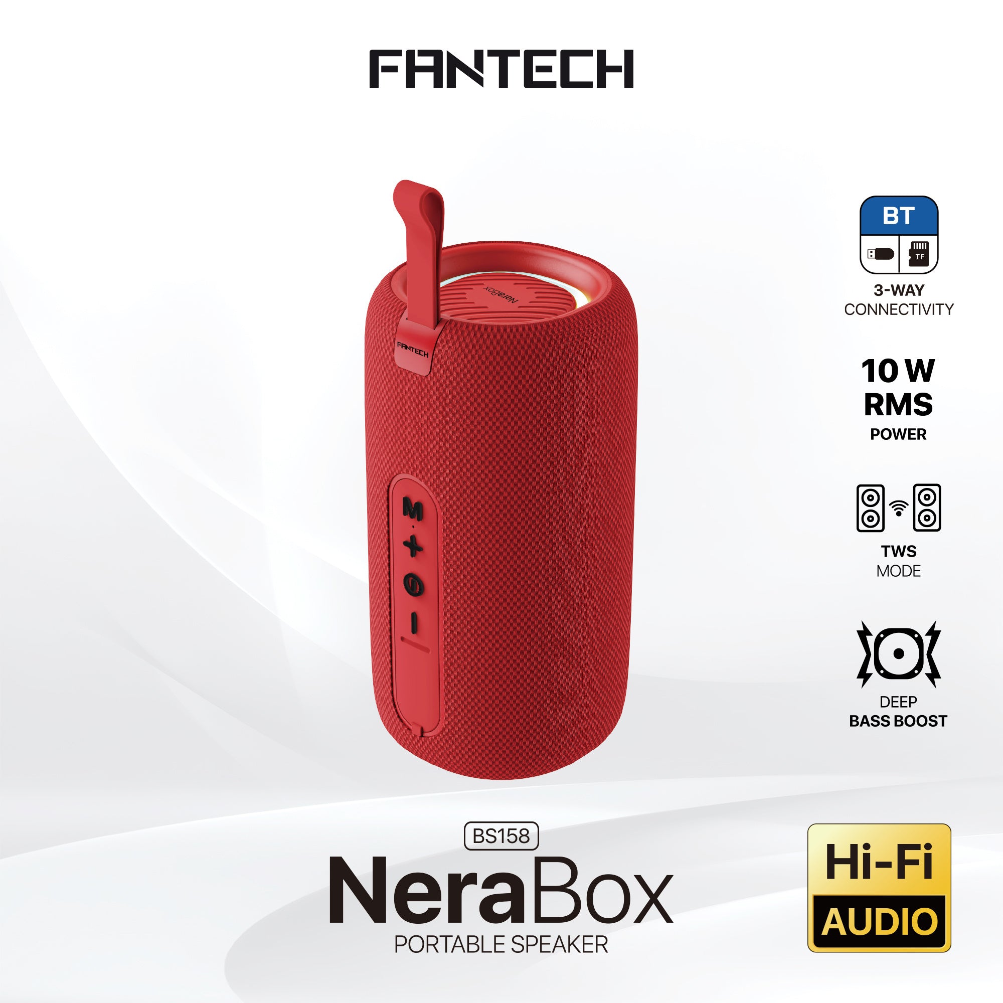 FANTECH BS159 True Wireless RMS Speaker TWS Deep Bass 10W 57mm Driver 4-Way Connectivity BT TF Card USB RGB Portable Speaker - Red