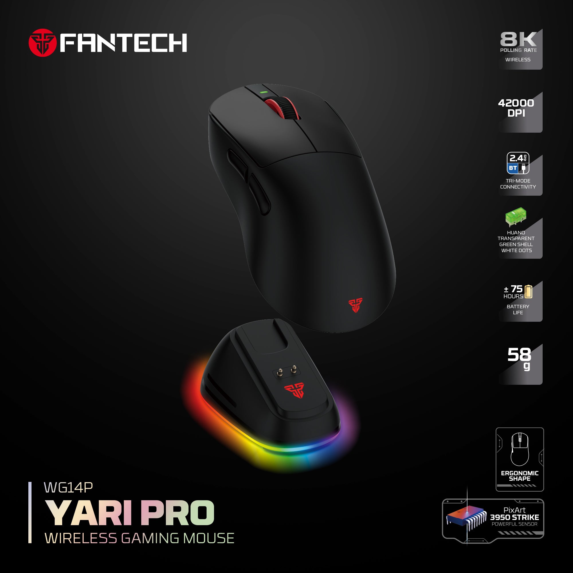 FANTECH WG14P Lightweight Wireless Gaming Mouse PAW3950 Sensor 8KHz Polling Mice With RGB Charging Dock For FPS Gamers