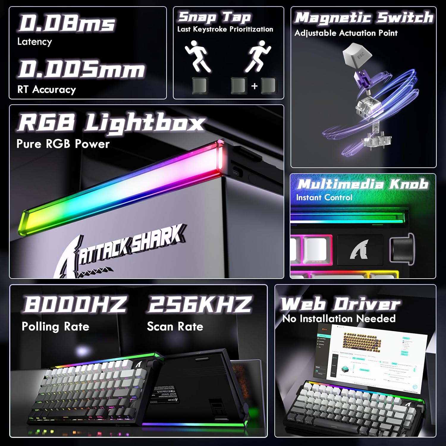 ATTACK SHARK R85HE Wired 75% Hall Effect Rapid Trigger Mechanical RGB Gaming Keyboard with 8K Polling,0.05mm RT Accuracy,0.08MS Latency,Magnetic Switch,5 Layer Sound Damped,Driver for PC(Moonlight)