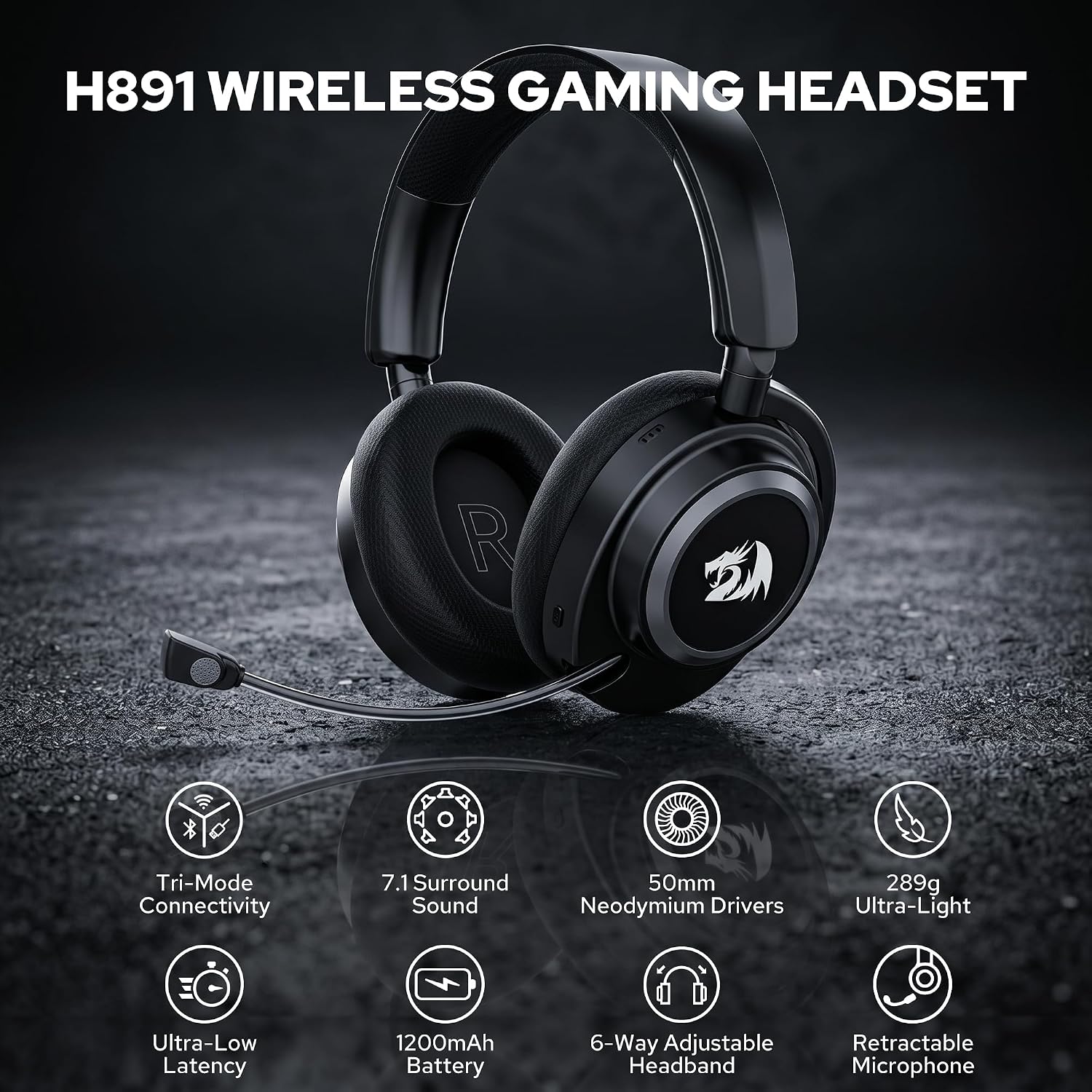 Redragon H891 Wireless Gaming Headset, Tri-Mode (2.4G/BT/Wired), 65H Battery, 50mm Drivers & 7.1 Surround Sound, Noise-Cancelling Retractable Mic, Compatible with PC, PS5, NS, Mac, Mobile
