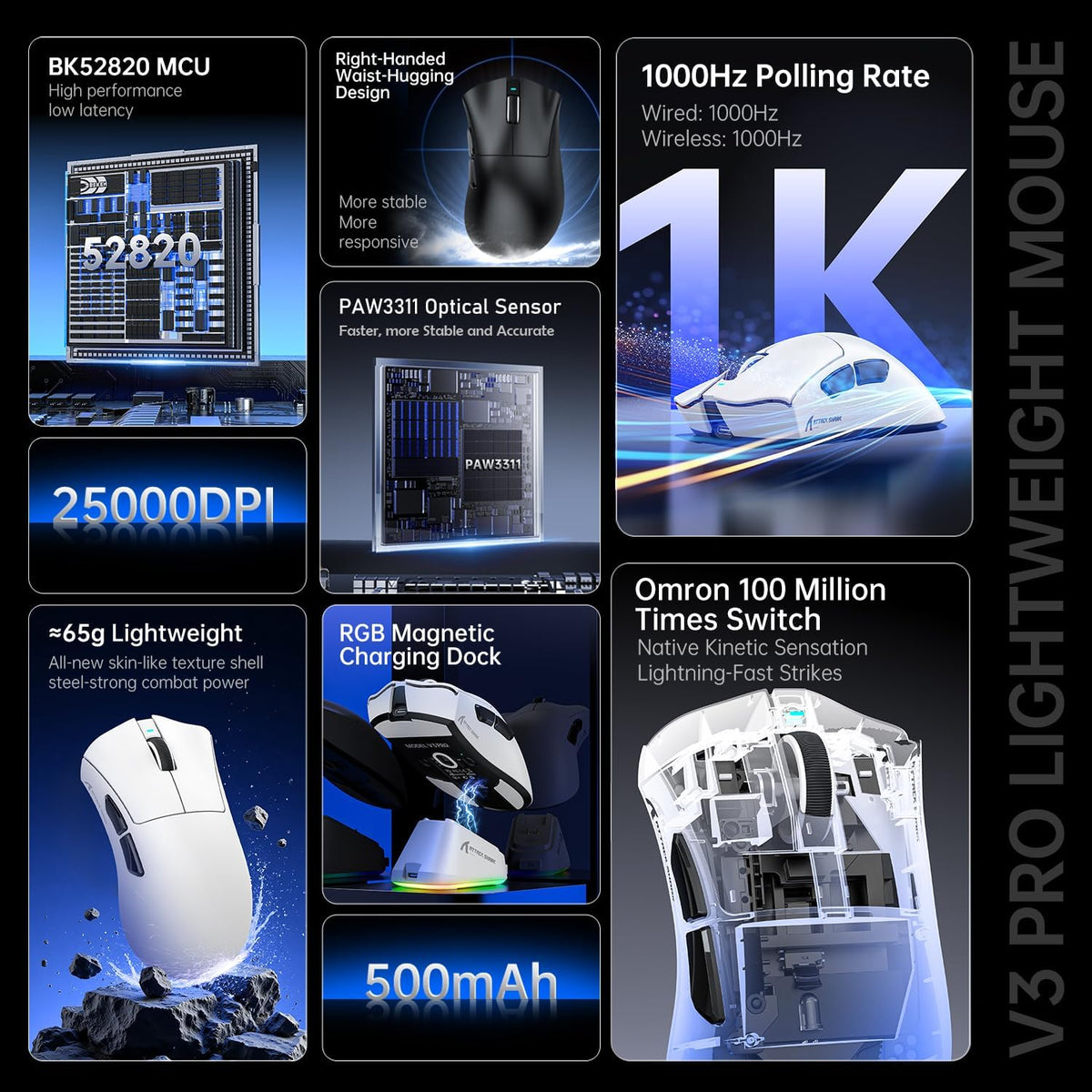 ATTACK SHARK V3 PRO Wireless Esports Gaming Mouse with Magnetic Charging Dock:62g Lightweight-1K Polling-25K DPI-PAW3311 Sensor,Wired/BT/2.4Ghz Programmable,BK52820 IC for PC Laptop Gamer(White+Tape)