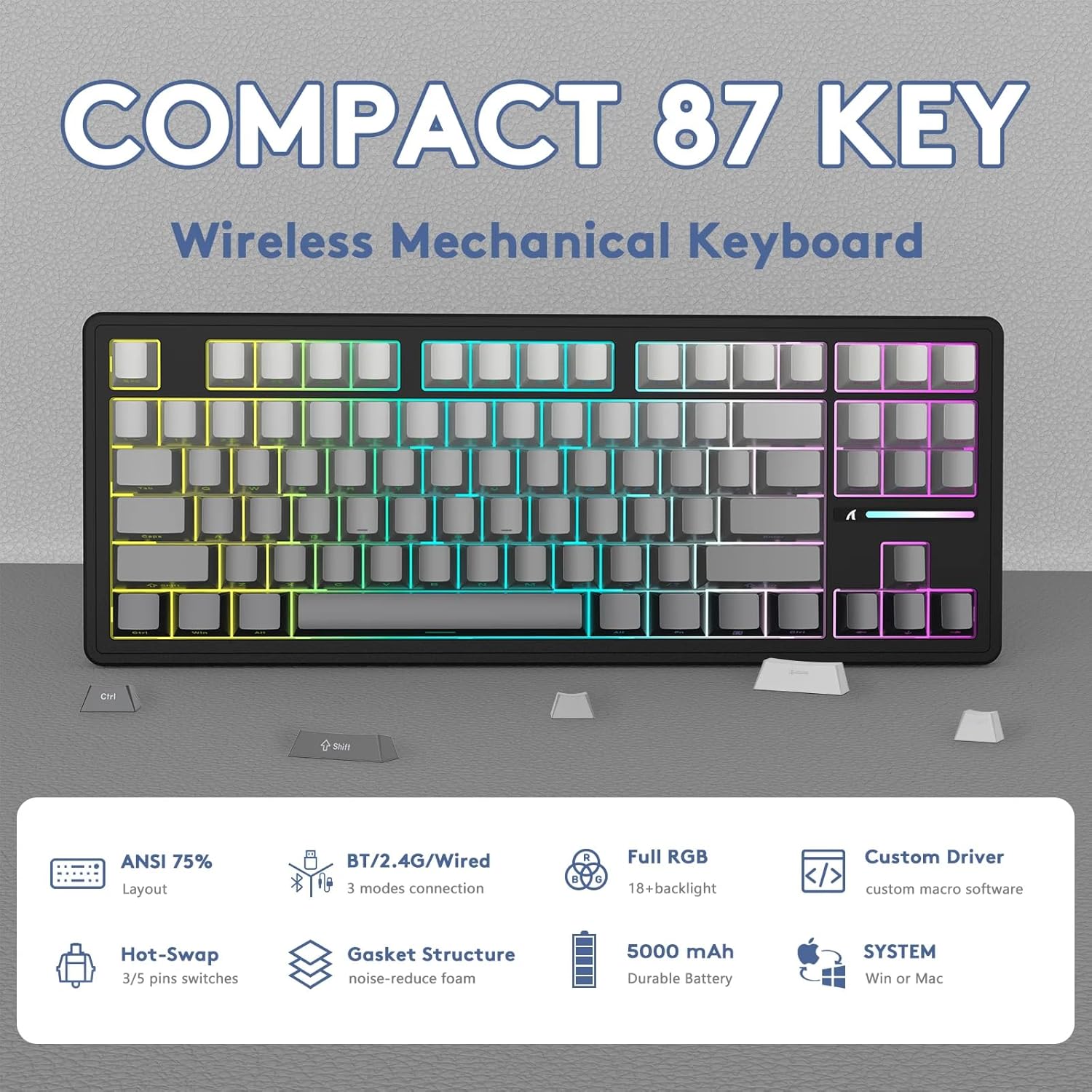 ATTACK SHARK M87 PRO Wireless Mechanical Gaming Keyboard,Hot Swappable Gasket RGB Custom Keyboard,Linear Switch&Side Printed PBT Keycaps,BT5.0/2.4Ghz/Type-C,5000mAh Battery for Win Mac(Moonlight)