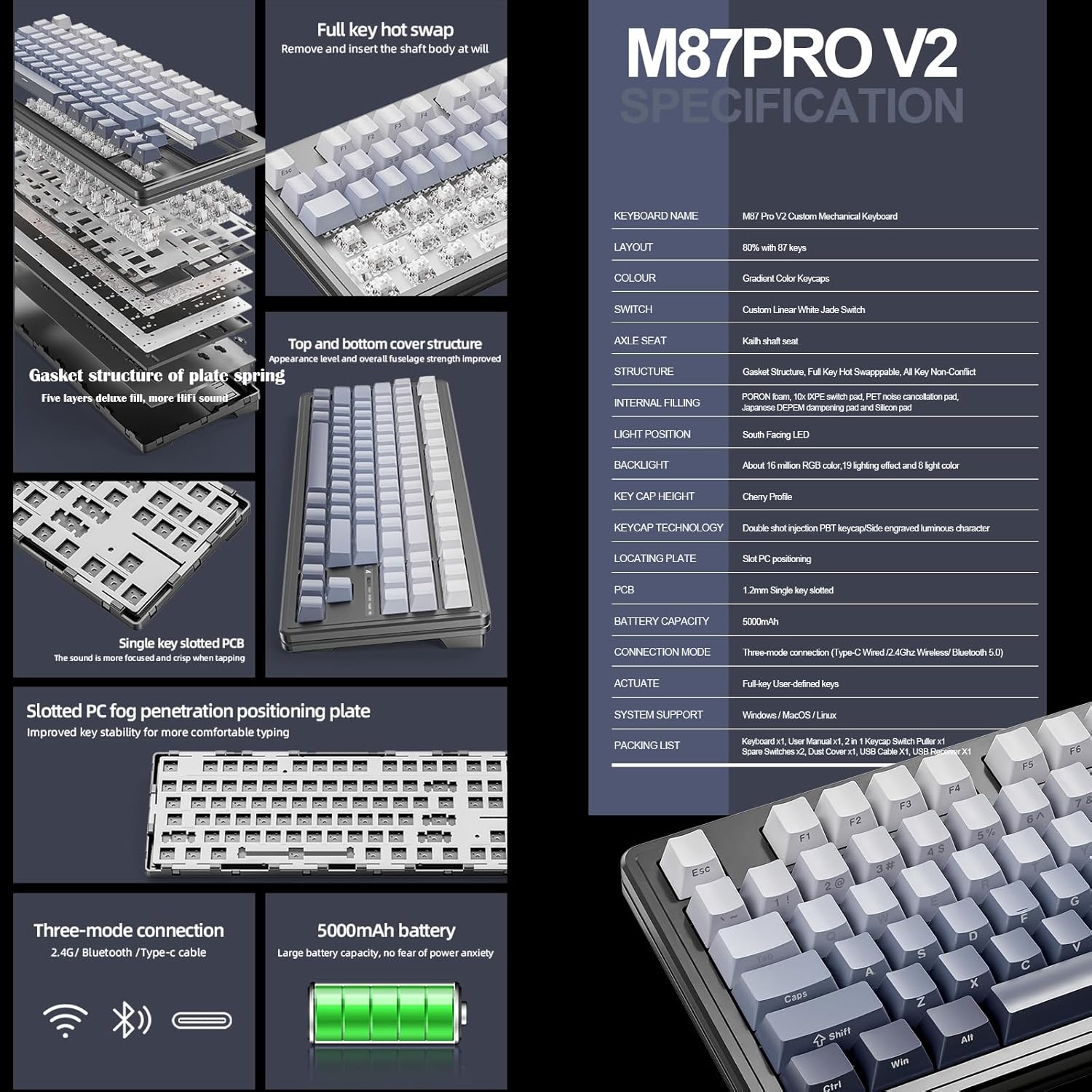 ATTACK SHARK M87 PRO Wireless Mechanical Gaming Keyboard,Hot Swappable Gasket RGB Custom Keyboard,Linear Switch&Side Printed PBT Keycaps,BT5.0/2.4Ghz/Type-C,5000mAh Battery for Win Mac(Moonlight)