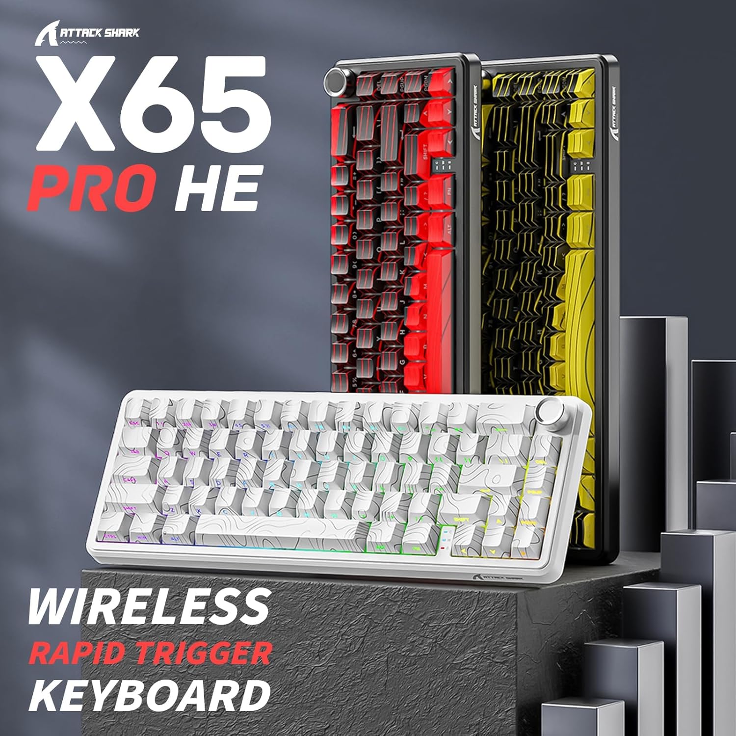 Attack Shark X65PRO HE Rapid Trigger Magnetic Mechanical Keyboard,60% Hot Swappable,Hall Effect Sensor,Adjustable Actuation,Tri-Mode RGB, 8KHz Polling Rate with Coiled Cable for MOBA/FPS/RTS-White