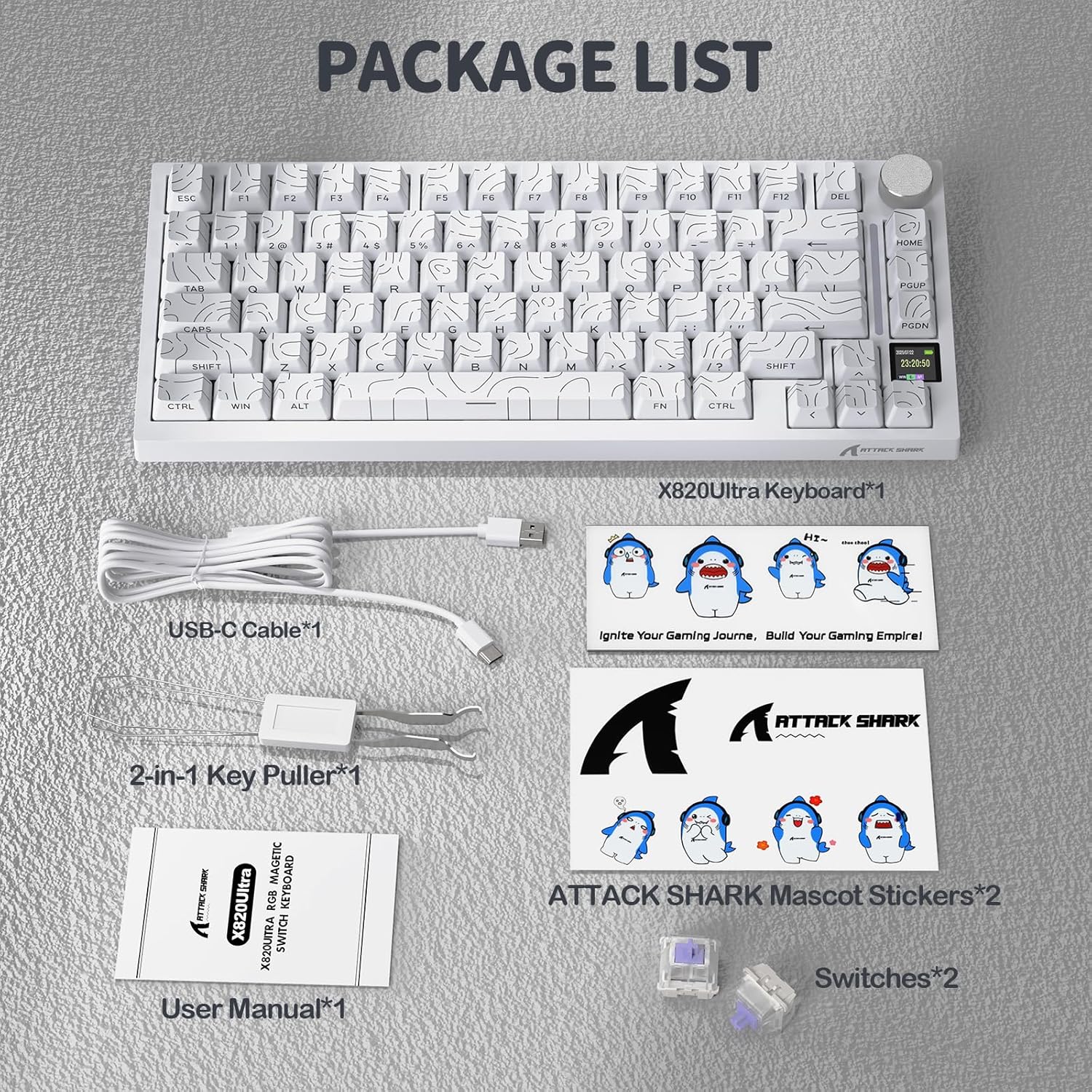 ATTACK SHARK X820 Ultra 75% Wireless Gaming Mechanical Keyboard Hot-Swappable Gasket Mount RGB Backlit BT/2.4G/Wired Custom Keyboard with Smart TFT Display&Knob QMK Driver-White Contour&Gift Switch