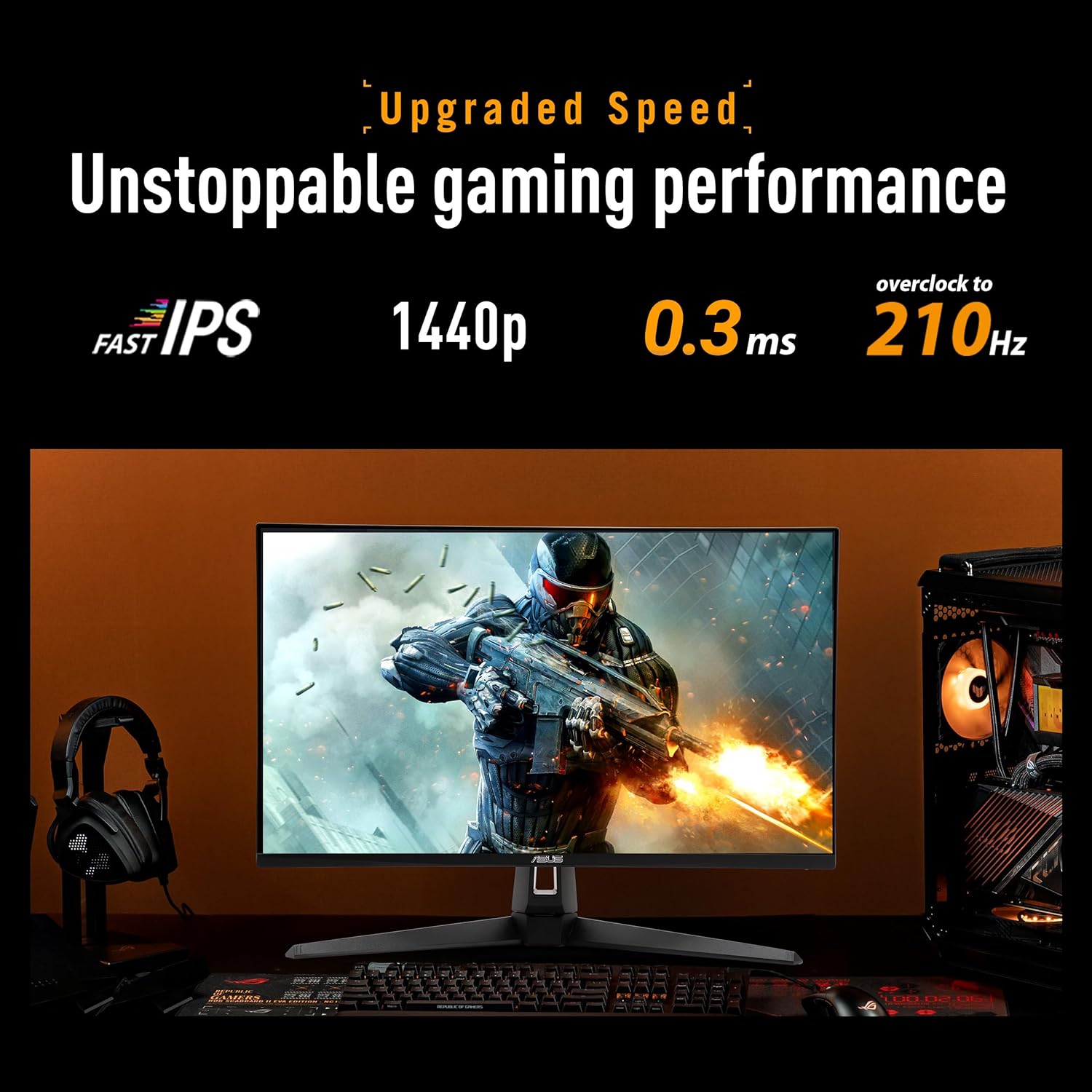 ASUS TUF Gaming 27” 1440P Monitor (VG27AQL5A) – QHD (2560 x 1440), 210Hz, 0.3ms, Fast IPS, Extreme Low Motion Blur Sync, Speakers, DisplayWidget Center, Gaming AI, Height Adjustment, 3 yr Warranty