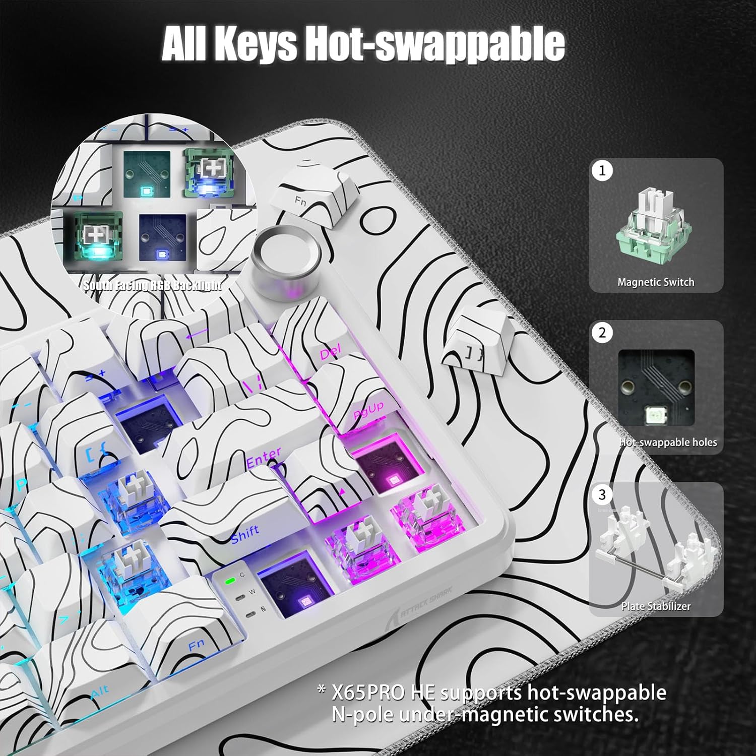 Attack Shark X65PRO HE Rapid Trigger Magnetic Mechanical Keyboard,60% Hot Swappable,Hall Effect Sensor,Adjustable Actuation,Tri-Mode RGB, 8KHz Polling Rate with Coiled Cable for MOBA/FPS/RTS-White