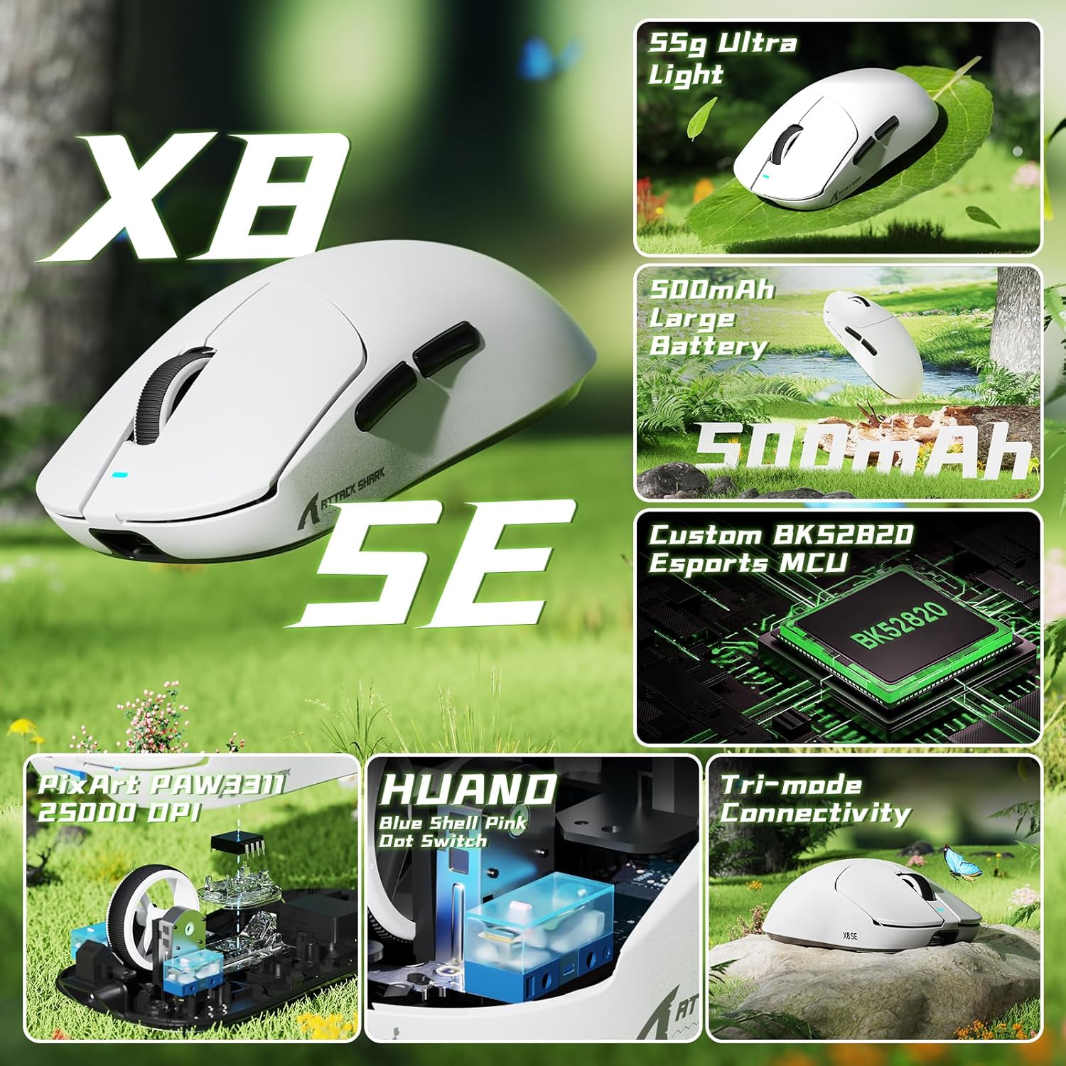 ATTACK SHARK X8 SE Wireless Gaming Mouse,55g Ultra-Lightweight Wired/BT/2.4GHz Wireless Programmable Mouse,1K Polling Rate,PixArt PAW3311 Gaming Sensor,25000 DPI,Gamer Mice for PC/Win/Mac(White)