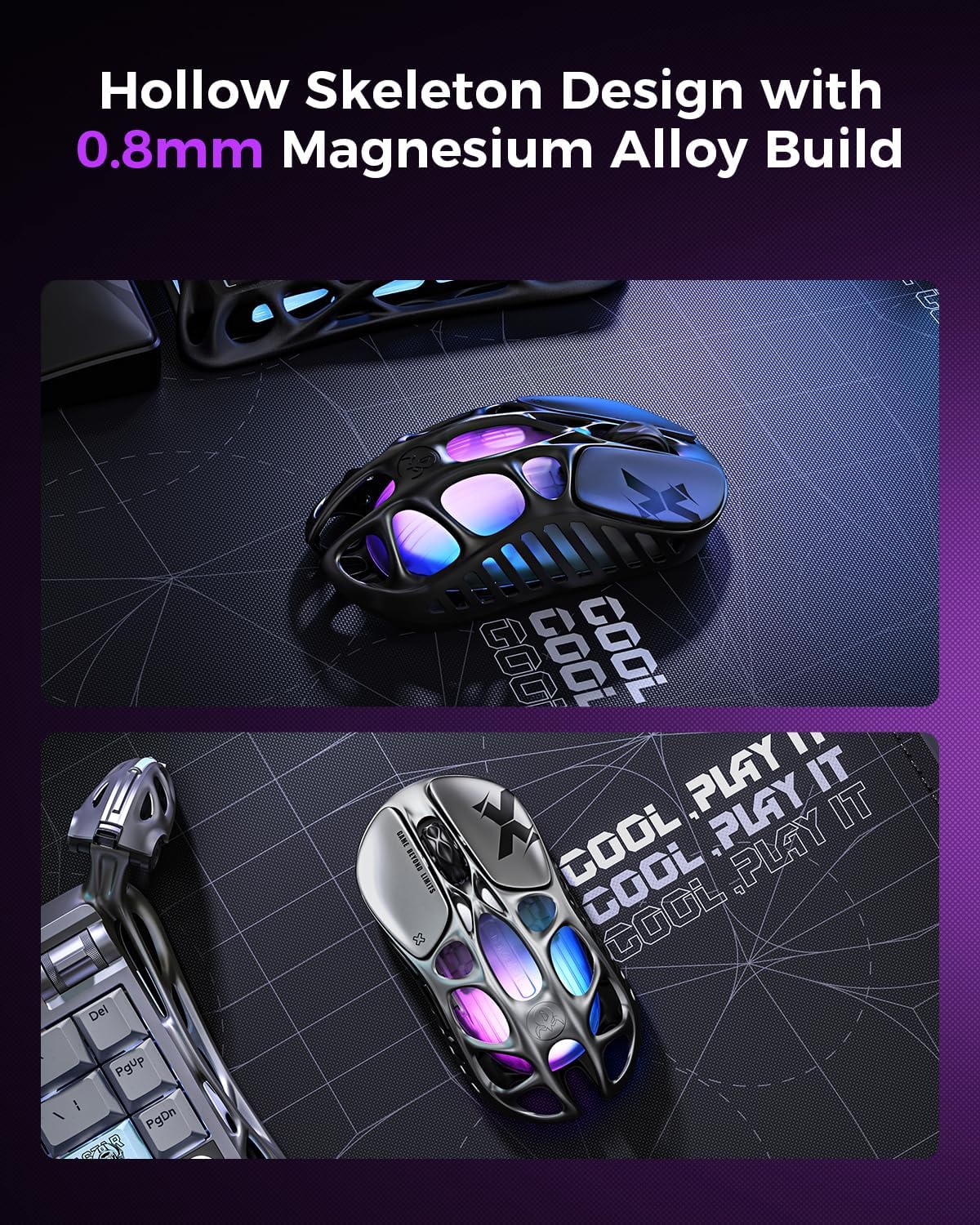 GravaStar Mercury X Wireless Gaming Mouse โ 32,000 DPI PAW 3950 Sensor, 1000Hz Polling Rate, Only 49g, Magnesium Alloy Hollow Frame, RGB Lighting, 5 Programmable Buttons