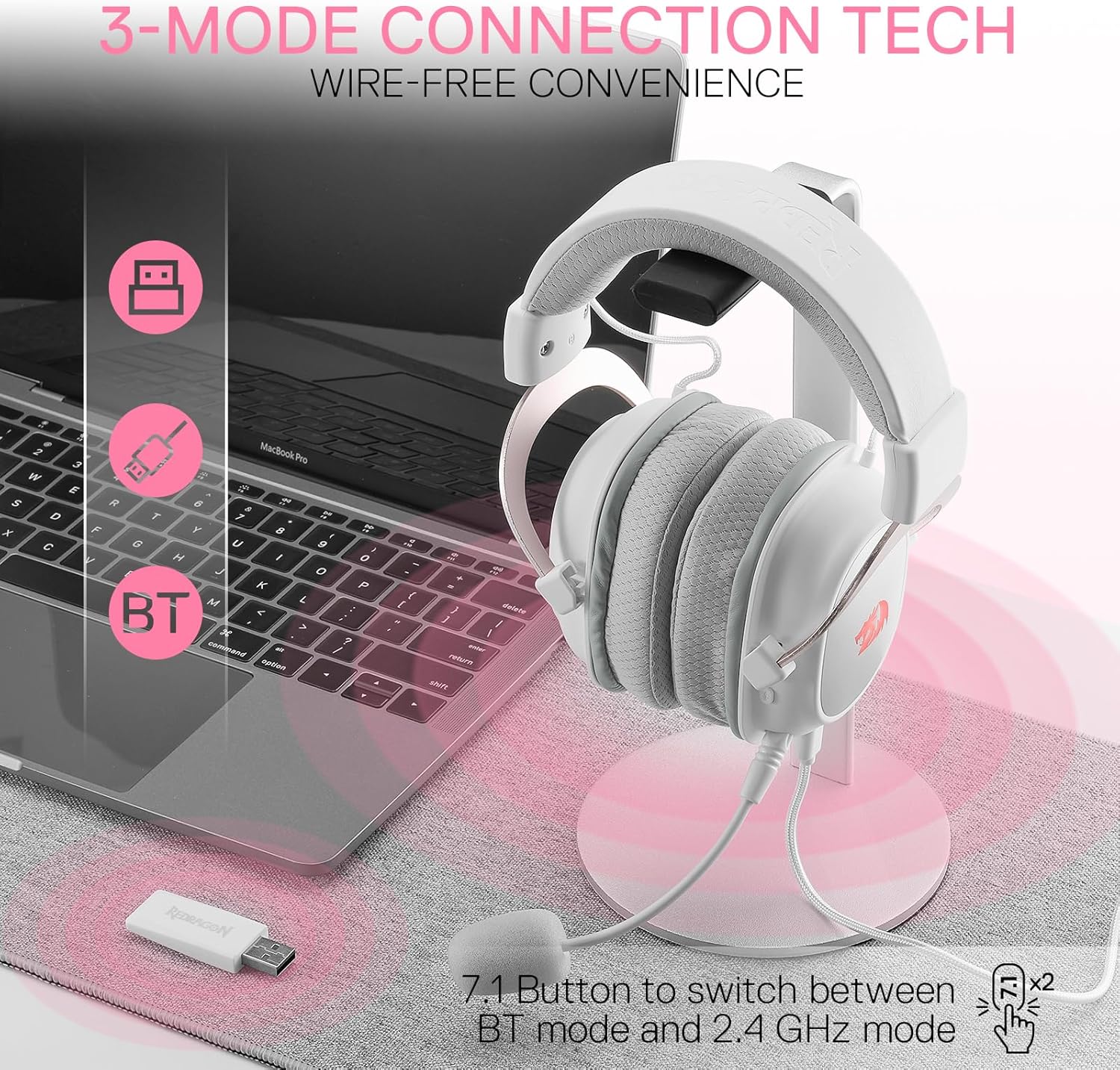 Redragon H510 PRO 3-Mode RGB Gaming Headset - 7.1 Surround Sound - 53MM Audio Drivers in Memory Foam Ear Pads w/Durable Fabric Cover- Multi Platforms Headphone - USB Powered for PC/PS4/NS