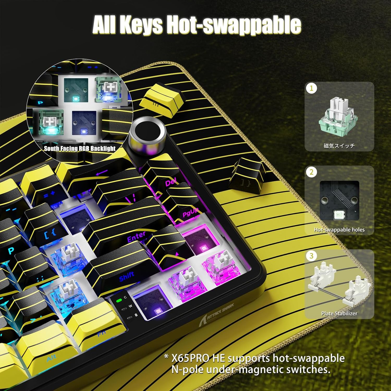 Attack Shark X65PRO HE Rapid Trigger Magnetic Mechanical Keyboard,60% Hot Swappable,Hall Effect Sensor,Adjustable Actuation,Tri-Mode RGB, 8KHz Polling Rate with Coiled Cable for MOBA/FPS/RTS-Yellow