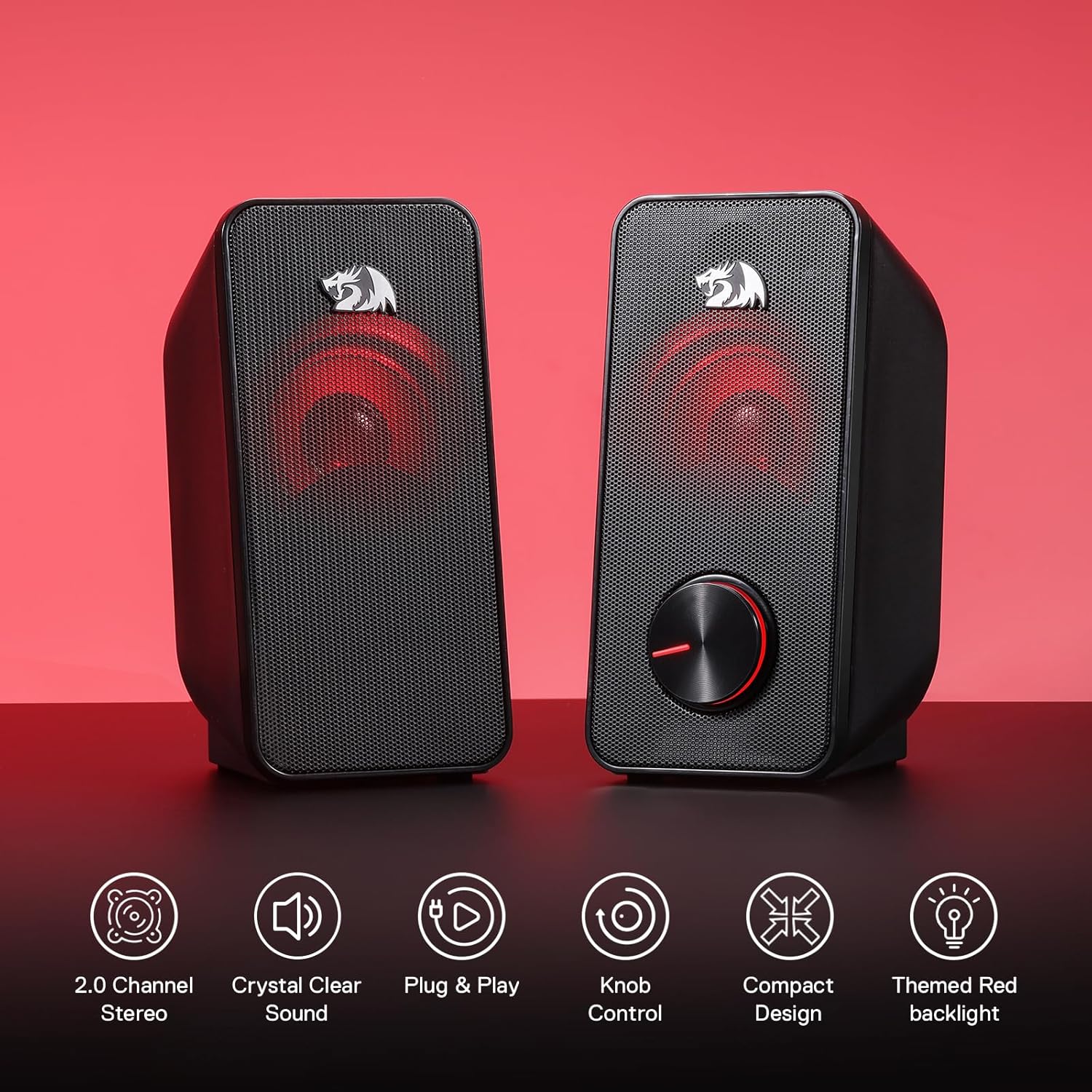 Redragon GS500 Stentor PC Gaming Speaker, 2.0 Channel Stereo Desktop Computer Speaker with Red Backlight, Quality Bass and Crystal Clear Sound, USB Powered with a 3.5mm Connector