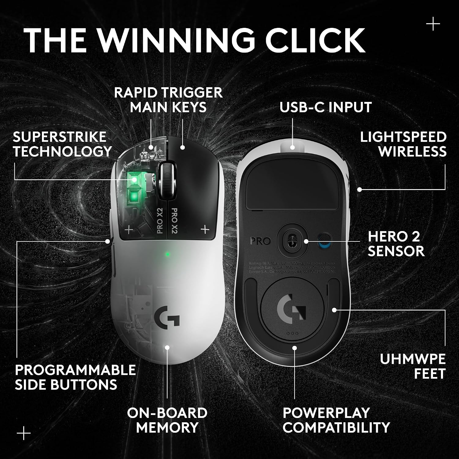 Logitech G PRO X2 SUPERSTRIKE Wireless Gaming Mouse - Black/White | Customizable Rapid Trigger Magnetic Analog Switches, Adjustable Click Haptics, 61g Lightweight, USB-C, <8K, For PC/Mac