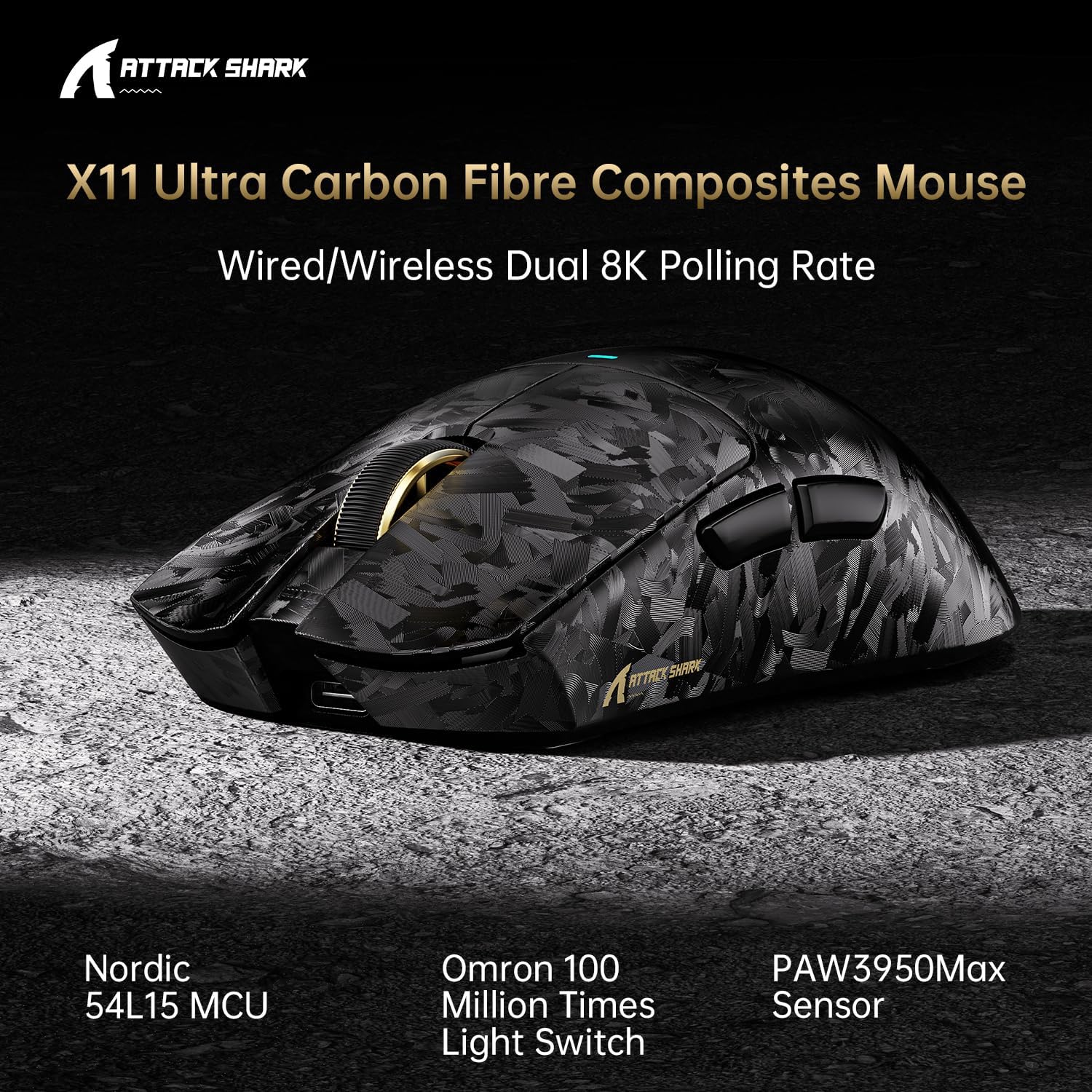 ATTACK SHARK X11 Ultra 8K Carbon Fiber Wireless Gaming Mouse with 42000 DPI-PAW3950 MAX Sensor-63g Lightweight,Nordic 54L15 MCU Chip,Wired/BT/2.4Ghz,100 Million Clicks,Programmable for PC Mac(Black)