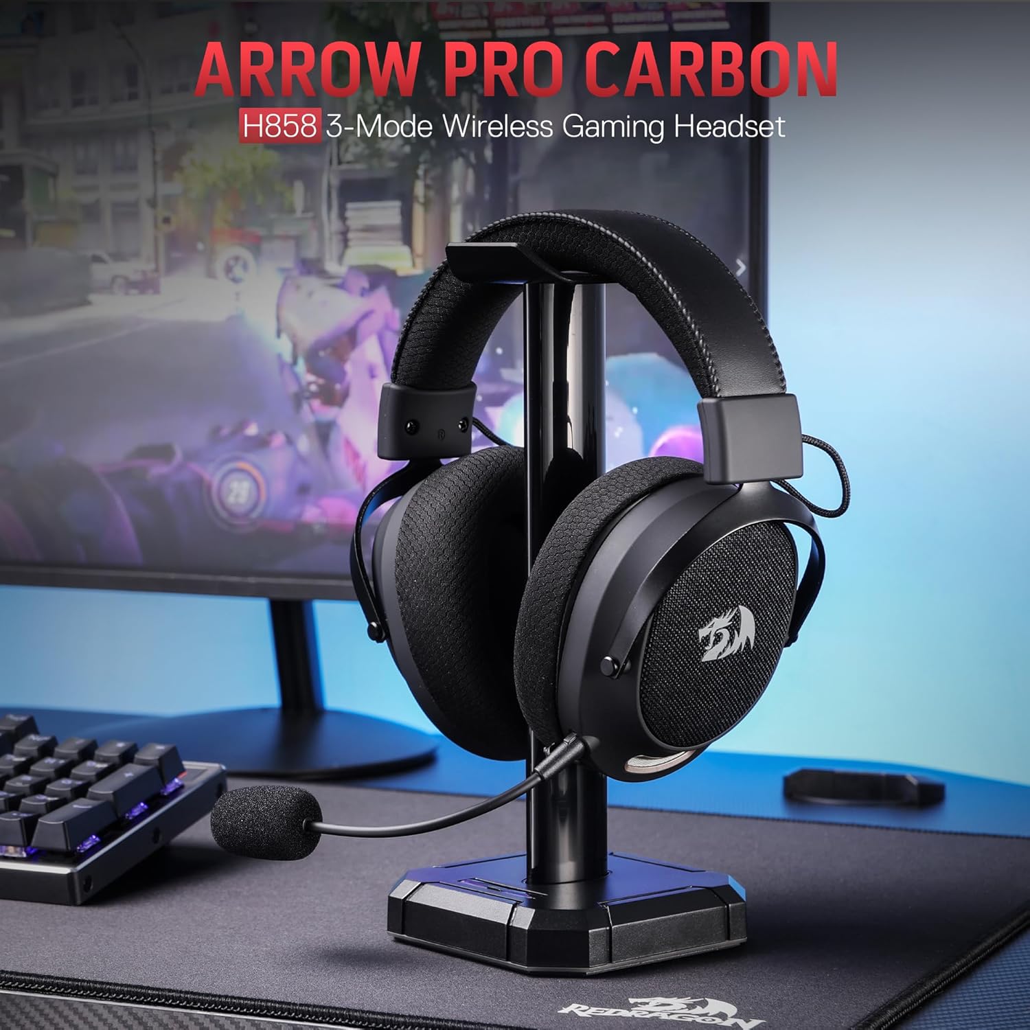 Redragon H858 3-Mode Wireless Gaming Headset, 7.1 Surround Sound + Redragon HA300 Scepter Pro Headset Stand Rgb.