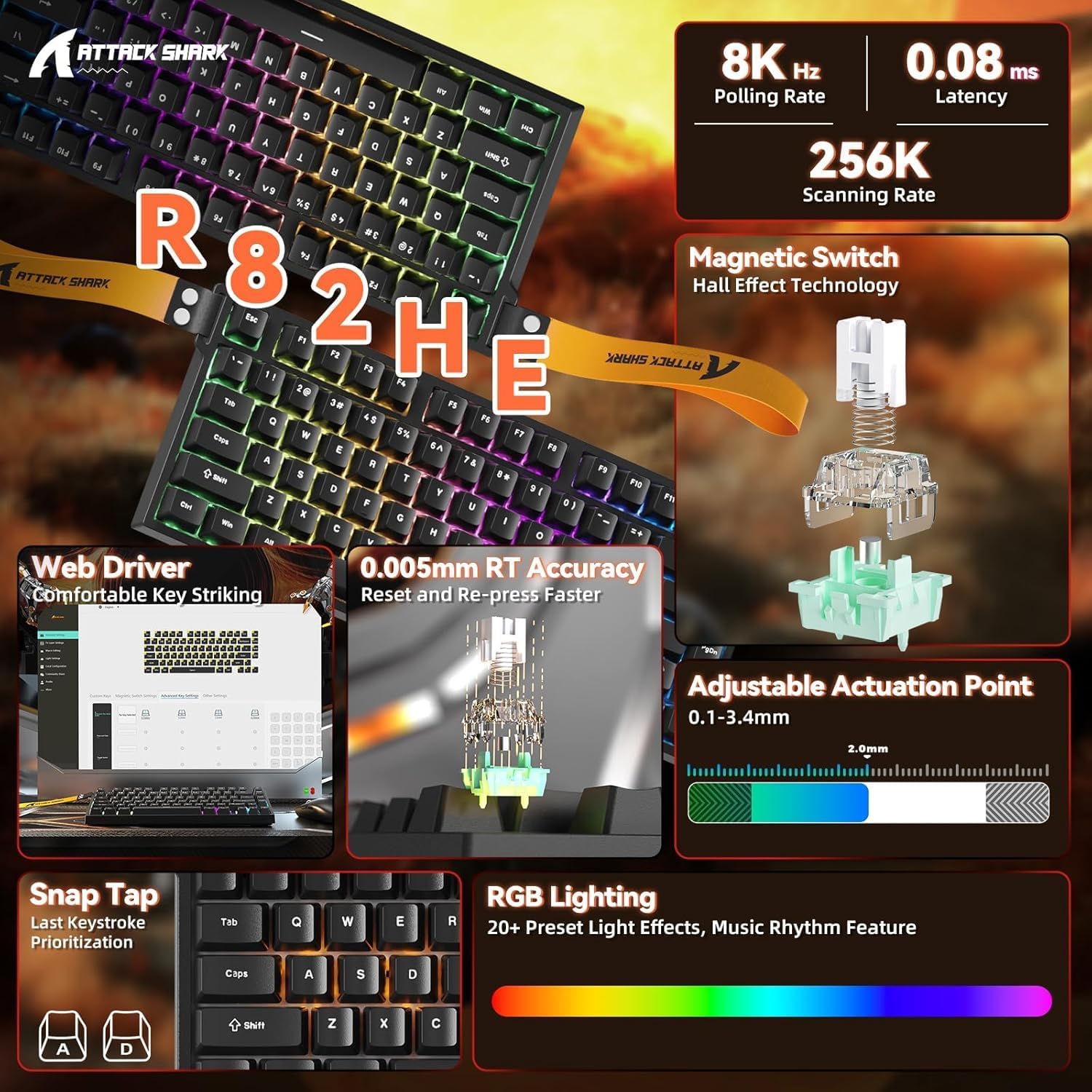 ATTACK SHARK R82 HE Rapid Trigger Wired Mechanical Gaming Keyboard TKL NKRO with 8K Polling,0.005mm RT Accuracy,256K Scan Rate,5 Layer Sound Damped,Hall Effect Magnetic Switch,Driver for PC Mac(Black)