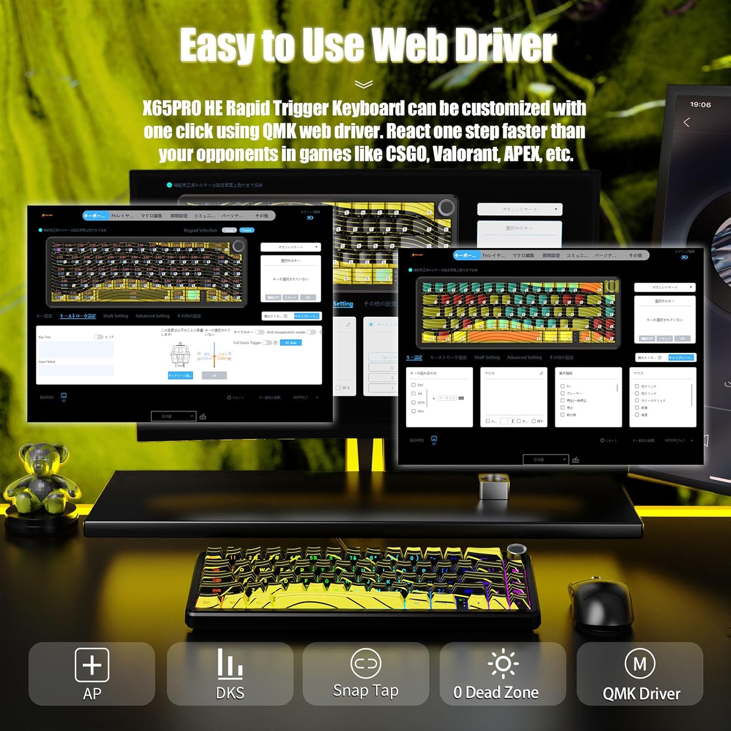 Attack Shark X65PRO HE Rapid Trigger Magnetic Mechanical Keyboard,60% Hot Swappable,Hall Effect Sensor,Adjustable Actuation,Tri-Mode RGB, 8KHz Polling Rate with Coiled Cable for MOBA/FPS/RTS-Yellow