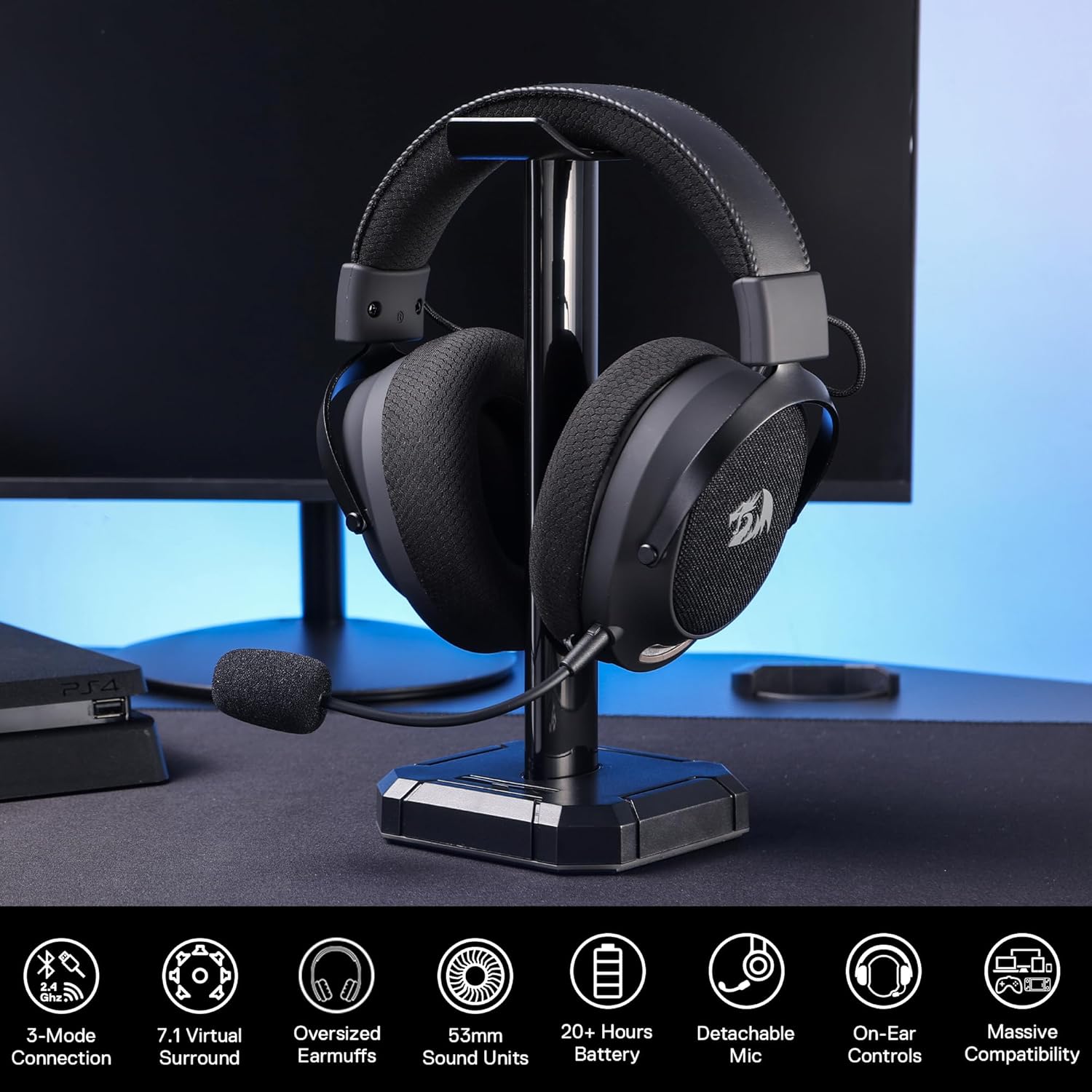 Redragon H858 3-Mode Wireless Gaming Headset, 7.1 Surround Sound + Redragon HA300 Scepter Pro Headset Stand Rgb.