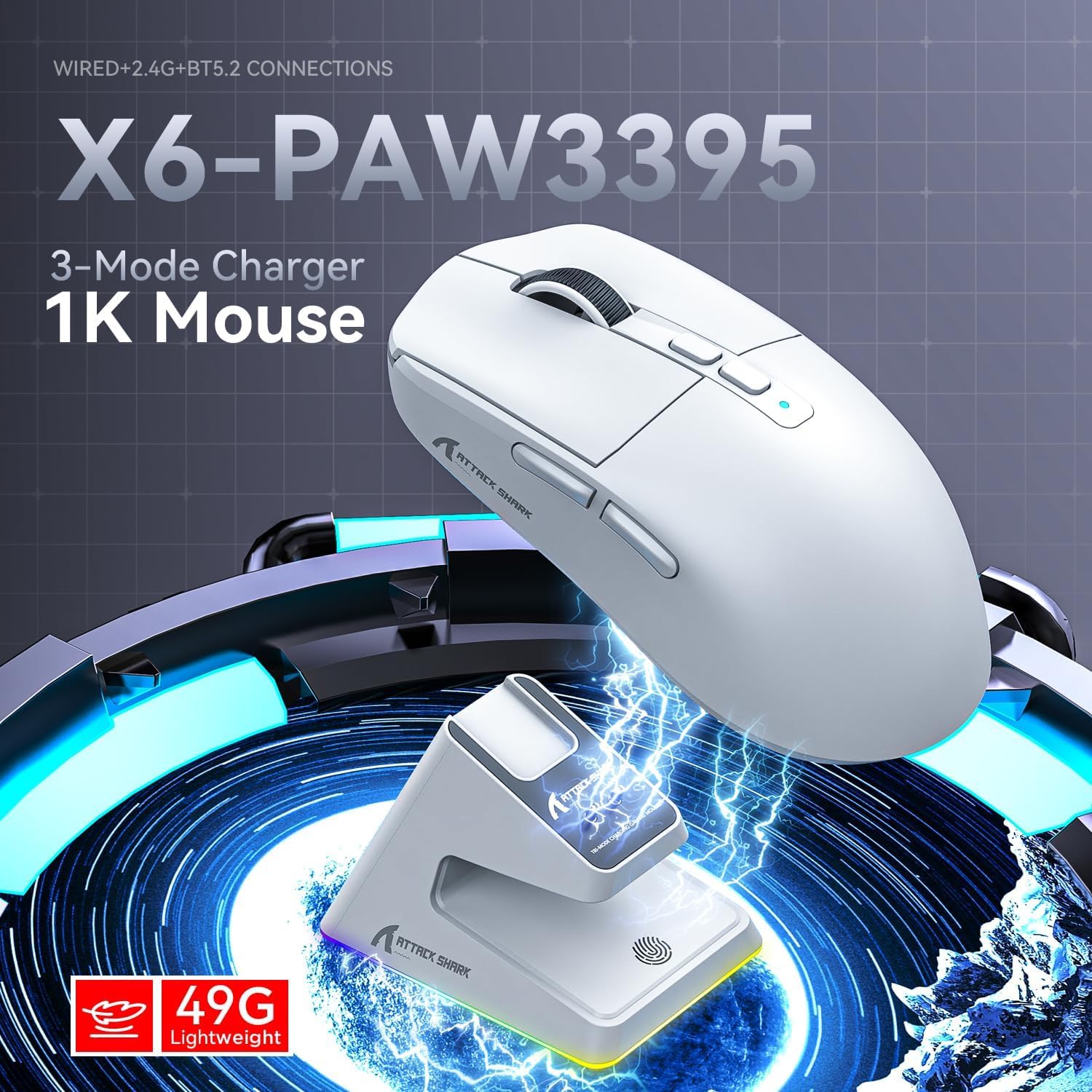 ATTACK SHARK X6 Lightweight Wireless Gaming Mouse with RGB Backlight Charging Base,Tri-Mode Wired/2.4GHz/BT5.2,26K DPI, PAW3395 Optical Sensor,HUANO Switch,5programmable Buttons,PC/Mac(White)