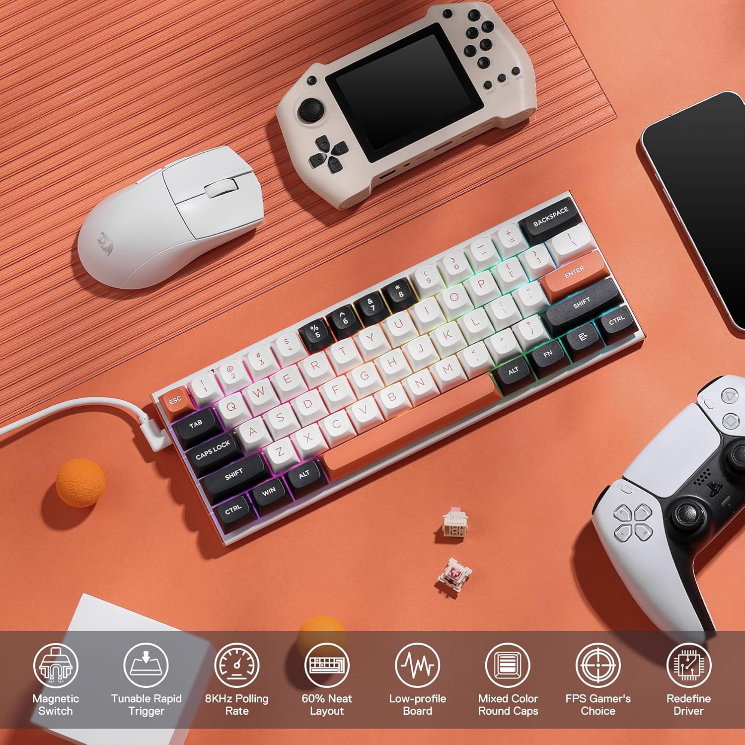 Redragon K683 Rapid Trigger HE Gaming Keyboard, 60% 61 Keys Wired Mechanical Keyboard w/Hyper-Fast Actuation, Dedicated Hall Effect Magnetic Switch, Actuation Point Adjustable, 8K Hz Polling Rate