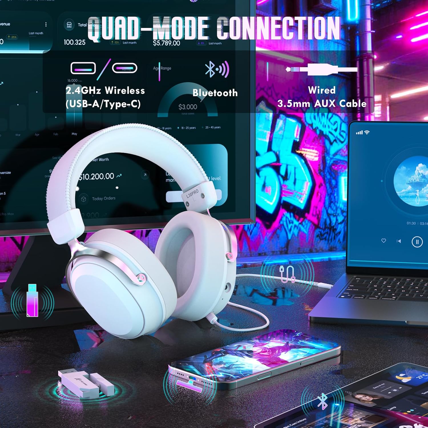 ATTACK SHARK L30Pro Wireless Gaming Headset with 2.4Ghz/BT/Wired, Long Battery Life with Detachable Microphone 7.1 Surround Sound Ultra-Low Latency for PC/PS5/Xbox/Switch/Mobile Silver