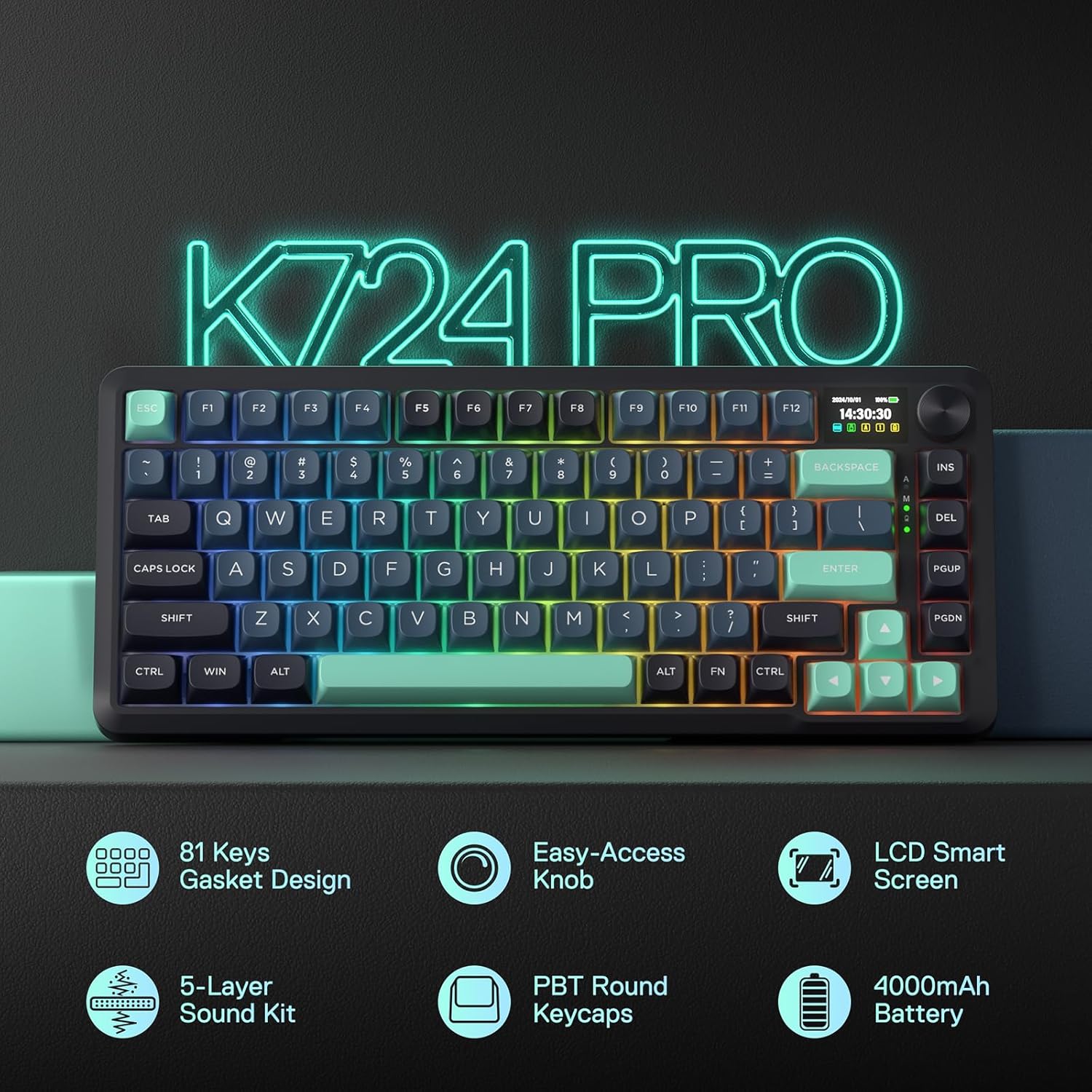 Redragon K724 PRO Wireless Gasket Gaming Keyboard w/Hype Screen & Knob, 81-Key Mechanical Keyboard, Easy-Control 1.14’’ TFT Info Display, 5-Layer Noise Dampening, Custom Linear Switch, Dark Jade Color