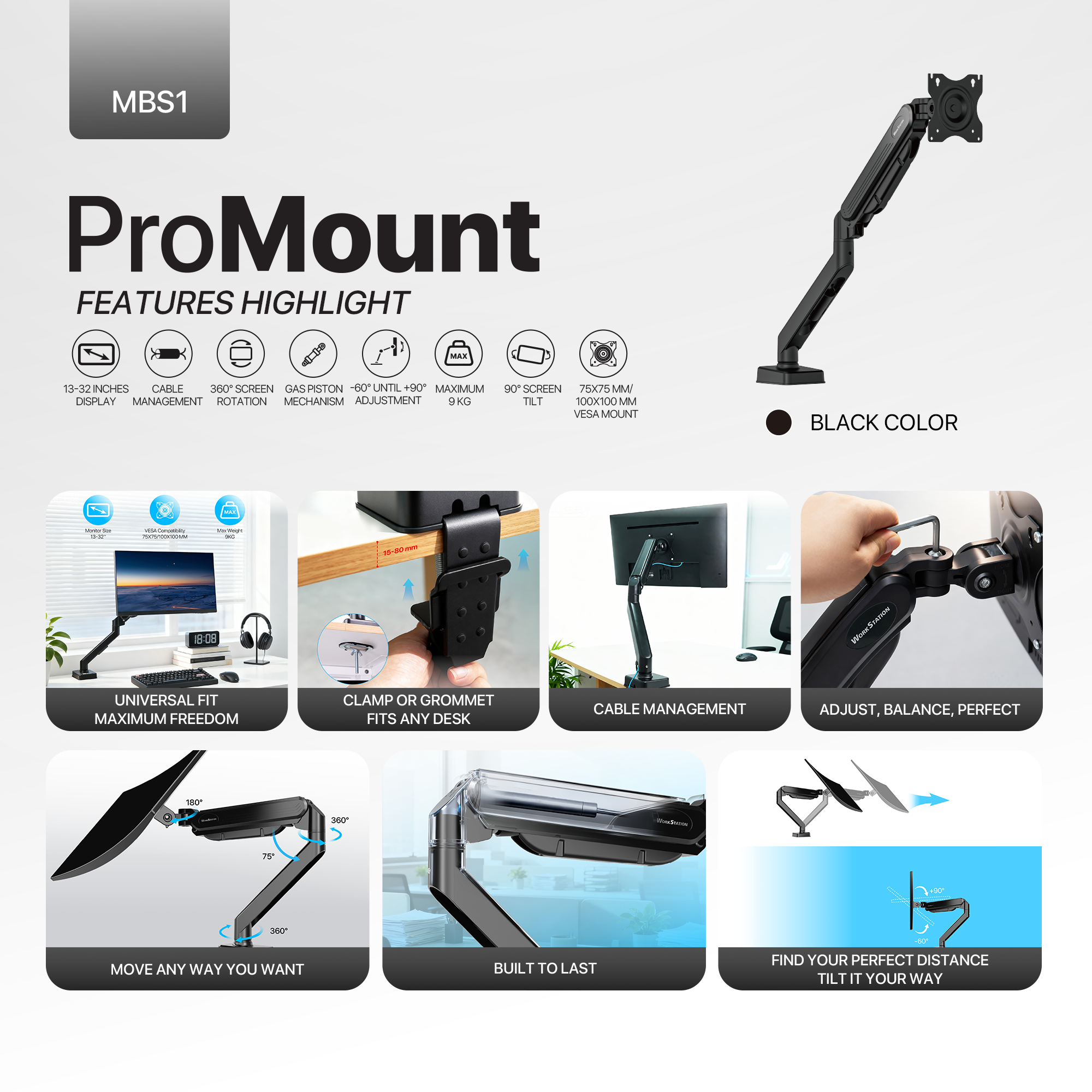 Fantech Workstation MBS1 Single-Arm Monitor Mount, 90 Degree for 13" to 32" Screen Adjustable Spring Dual Monitor Arm Bracket for Desk