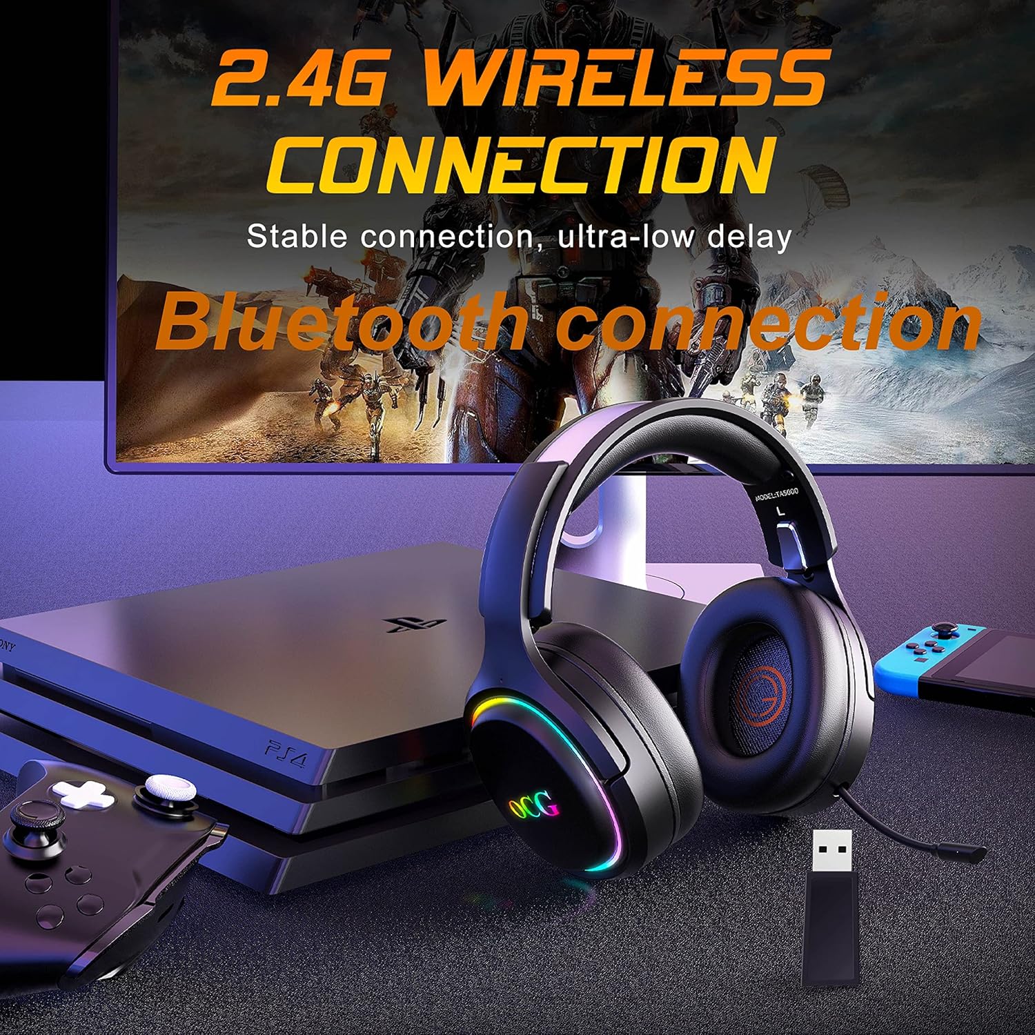 OCG Gaming Headset 2.4GHz Bluetooth Wireless Gaming Headphones for PS5 PS4 PC with Retractable Microphone,RGB Light Wireless Headset Wired Mode for Mac Switch PS2 Black