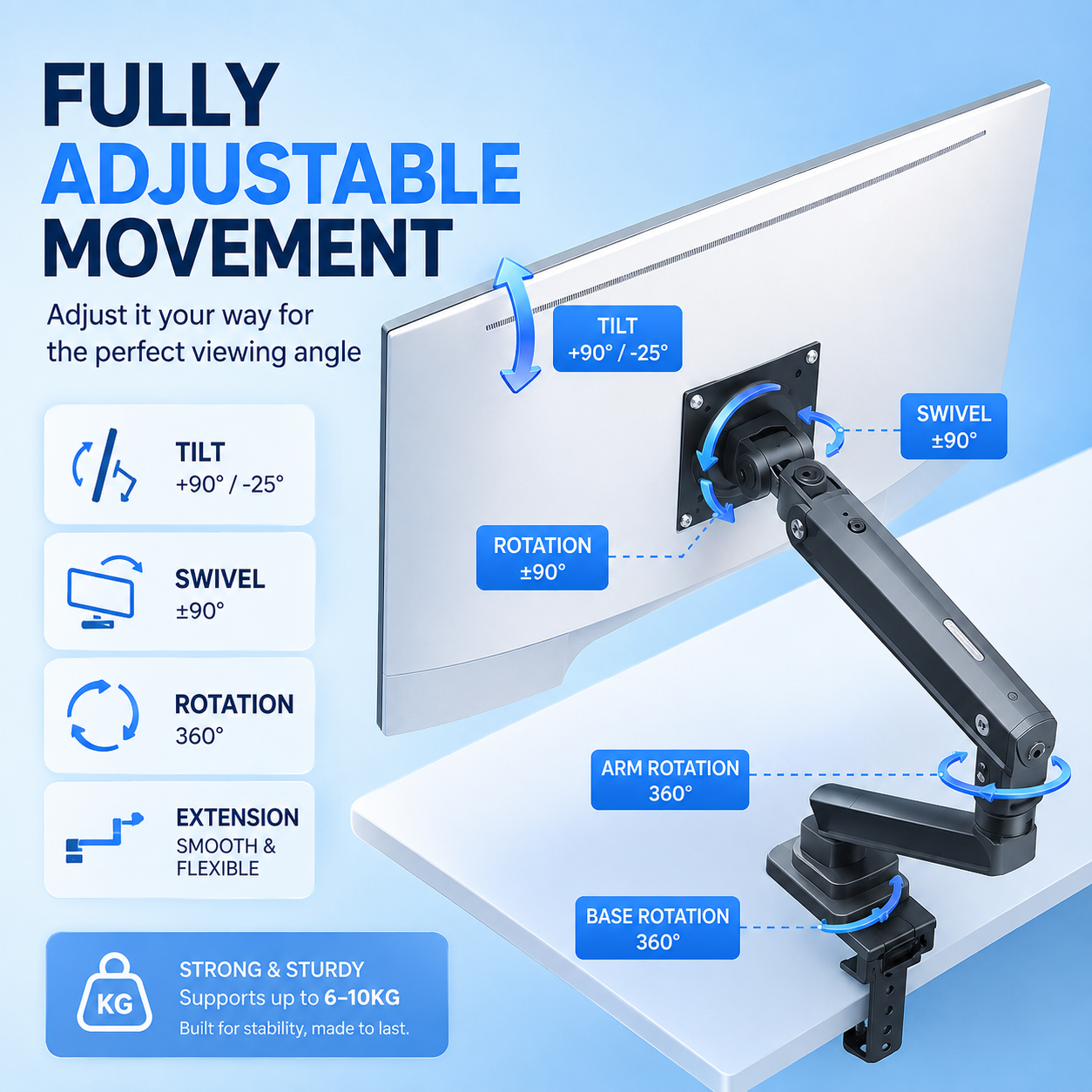 NORTH BAYOU NB A3 Monitor Stand, Monitor Arm, Suitable for 17–32 Inch Monitors, Easy Installation, Desk Clamp Base.