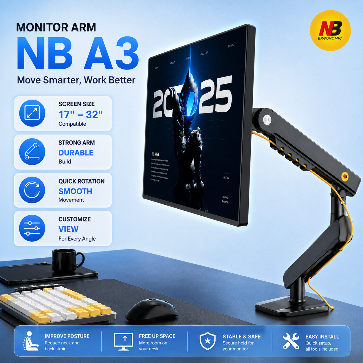 NORTH BAYOU NB A3 Monitor Stand, Monitor Arm, Suitable for 17–32 Inch Monitors, Easy Installation, Desk Clamp Base.