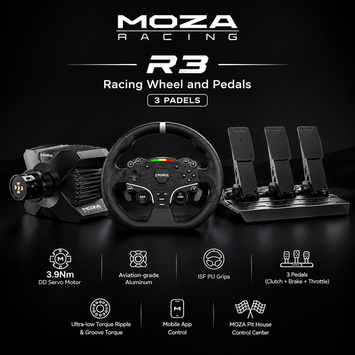 MOZA R3 Bundle Kit Direct Drive Servo base, Racing Wheel and 3 Pedals for PC