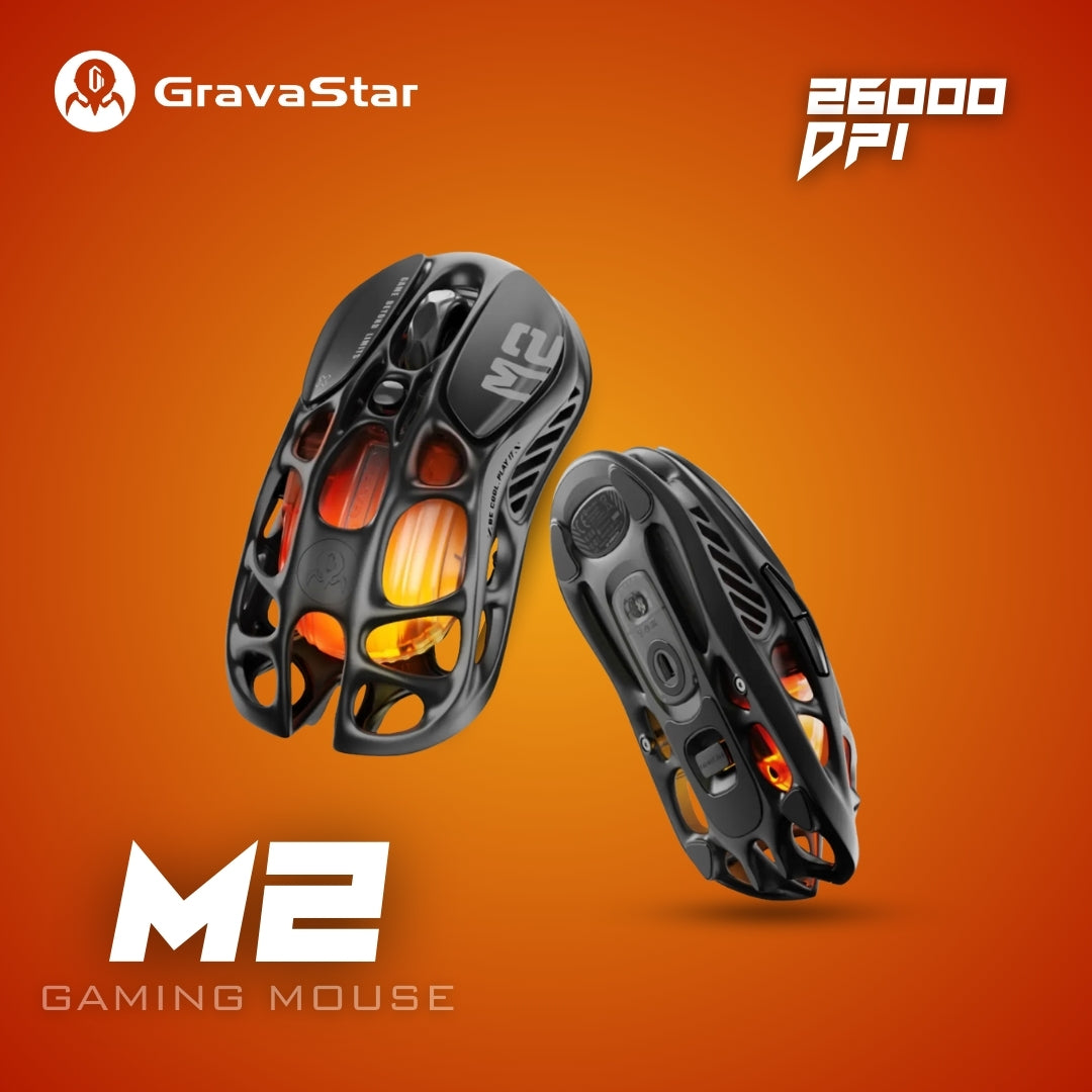 ماوس الألعاب اللاسلكي GravaStar Mercury M2 بدقة 26000 نقطة في البوصة، ومستشعر PAW3395DM، ووزن خفيف 79 غرامًا، وتصميم مجوف، و5 أزرار قابلة للبرمجة، و5 إضاءة RGB ديناميكية متزامنة، ولون أسود أنيق.
