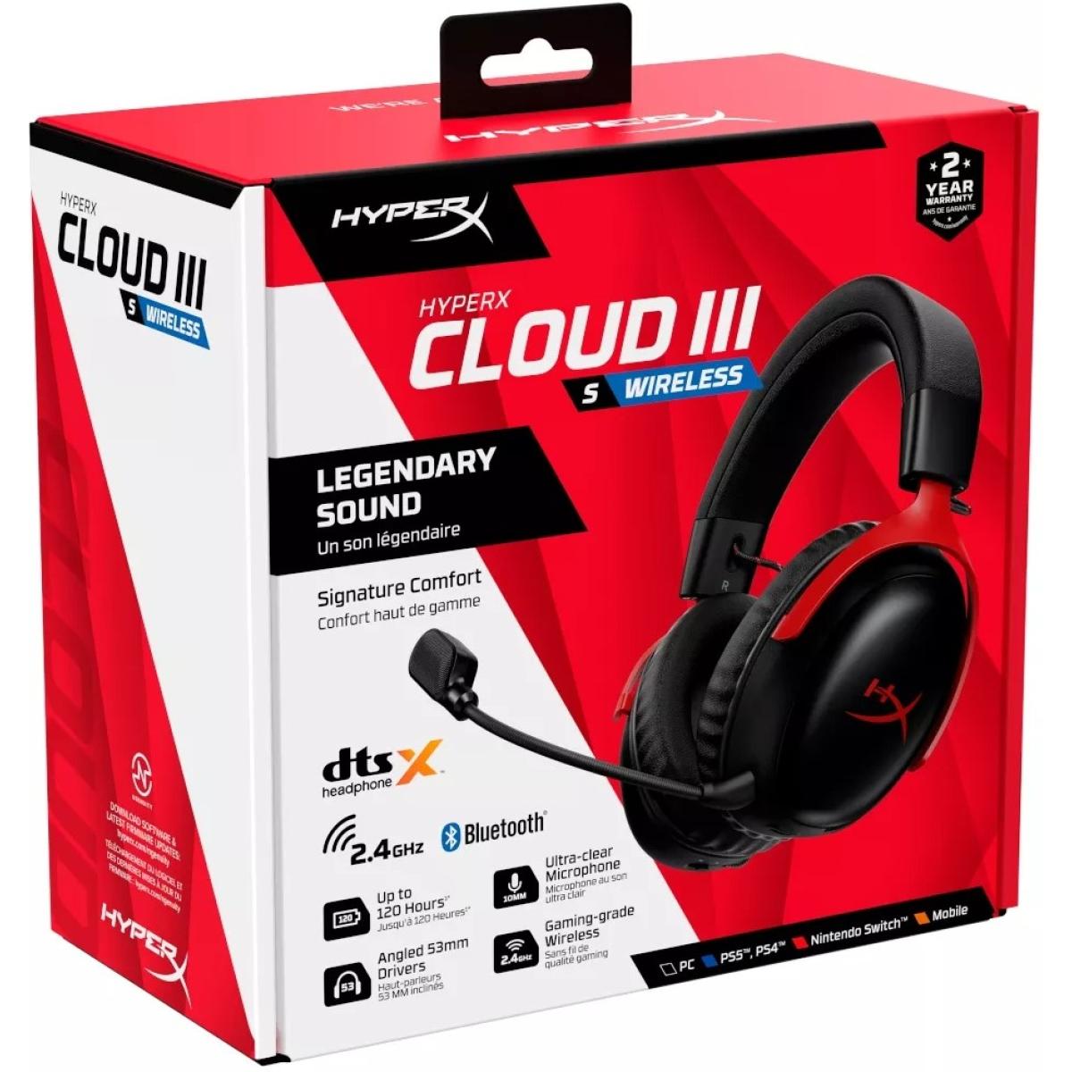 HyperX Cloud III S Wireless Gaming Headset (2.4GHz, Bluetooth), DTS:X Spatial Virtual 3D Surround Sound Spatial Audio3 Battery Life up to 120 Hours 2.4GHz / 200 Hours Bluetooth, Detachable Mic Multi-Platform– Black & Red
