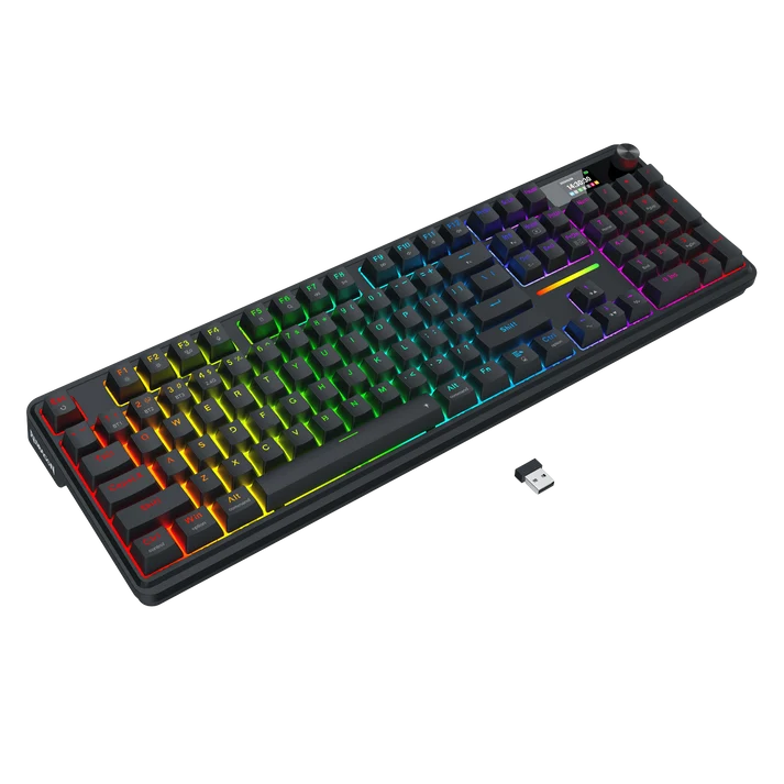 Redragon K762 PRO Wireless 104-Key Gasket Gaming Keyboard, Screen & Knob | Easy-Control LED Info Display, 0-Delay Tri-Mode, Cushioned 5-Layer Noise Dampening for Creamy Thocky Sound, Full-Size 104-Key