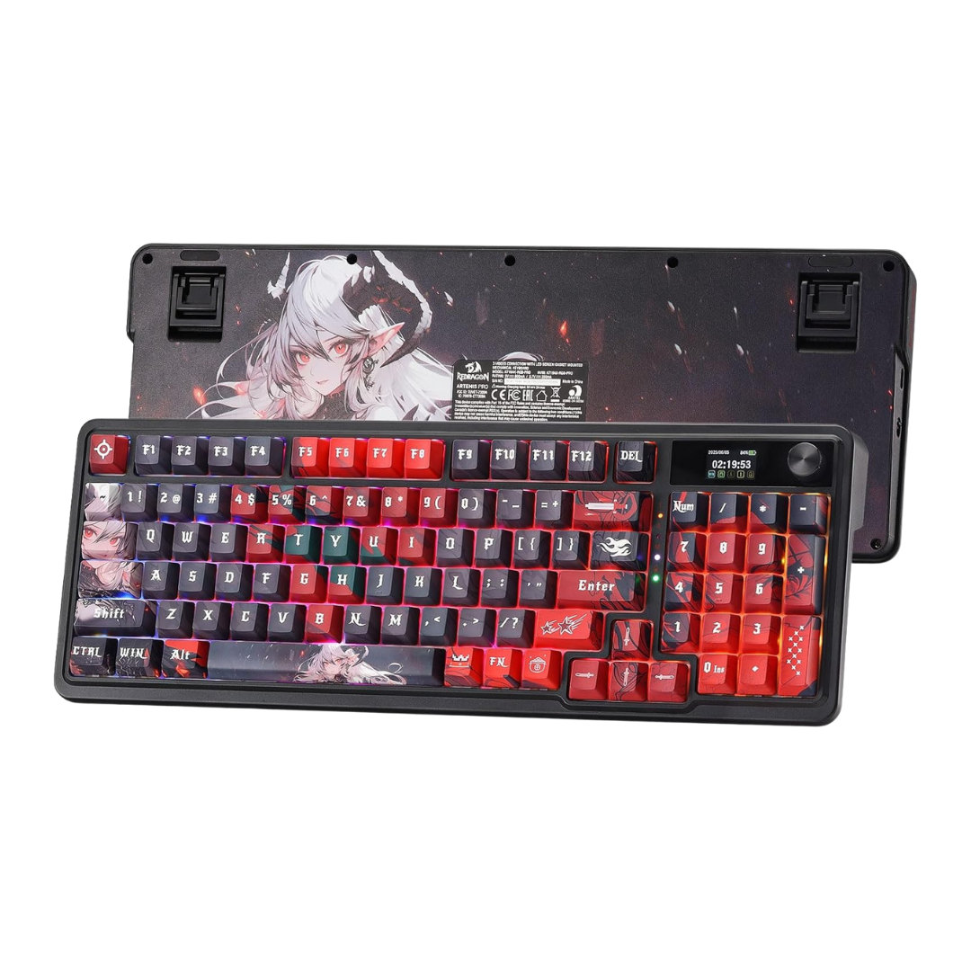 Redragon K719 PRO Wireless Gasket Gaming Keyboard w/Hype Screen & Knob, 95 Keys Mechanical Keyboard, Easy-Control 1.14’’ TFT Info Display, 5-Layer Noise Dampening, Custom Linear Switch, Anime Edition