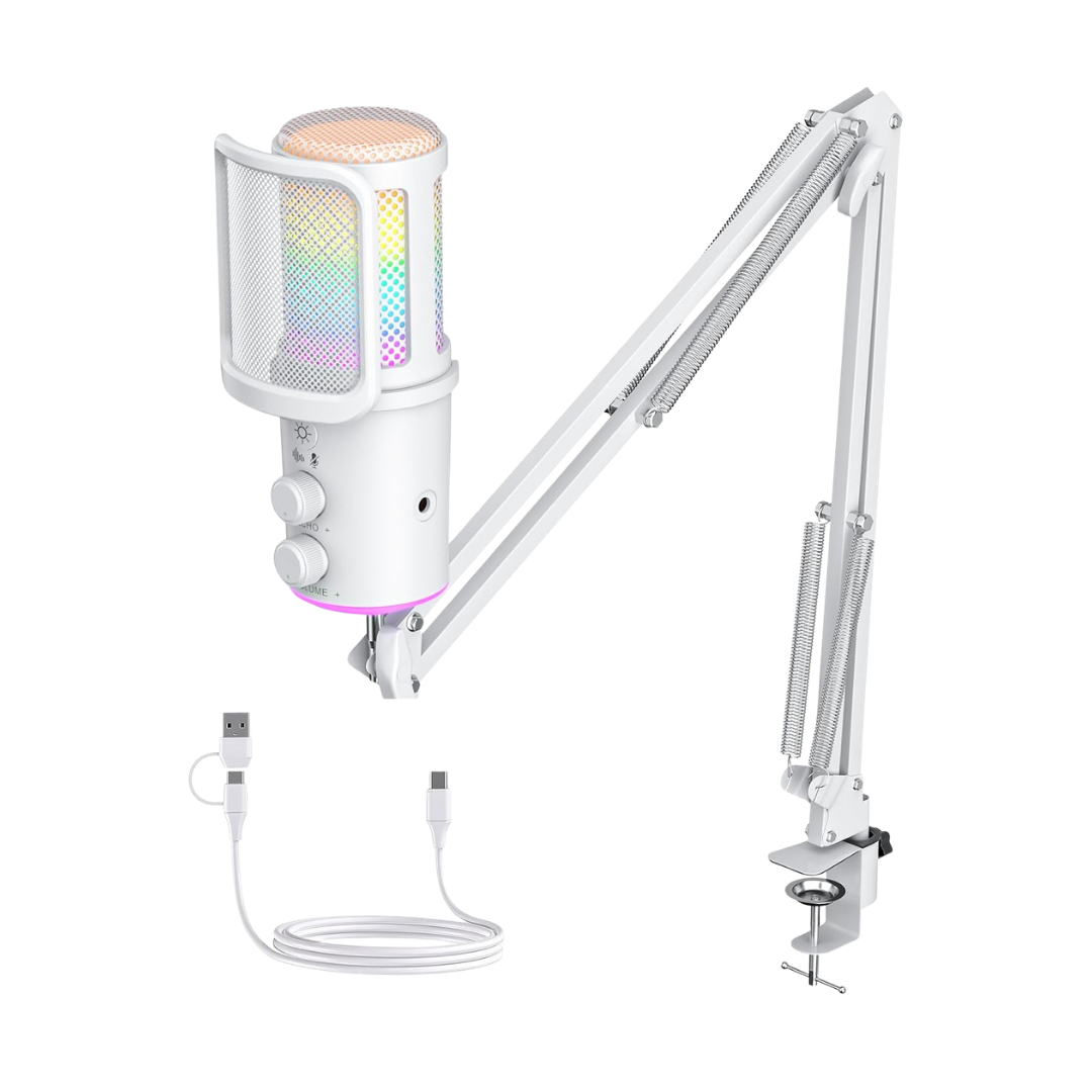 Gaming USB Microphone, Noise Cancellation Condenser Mic with Mute,Boom Arm Mic-Reverb Adjustment, Monitoring for Streaming, Podcasting, Discord, YouTube,PC, Computer, PS4, PS5, Mac-White