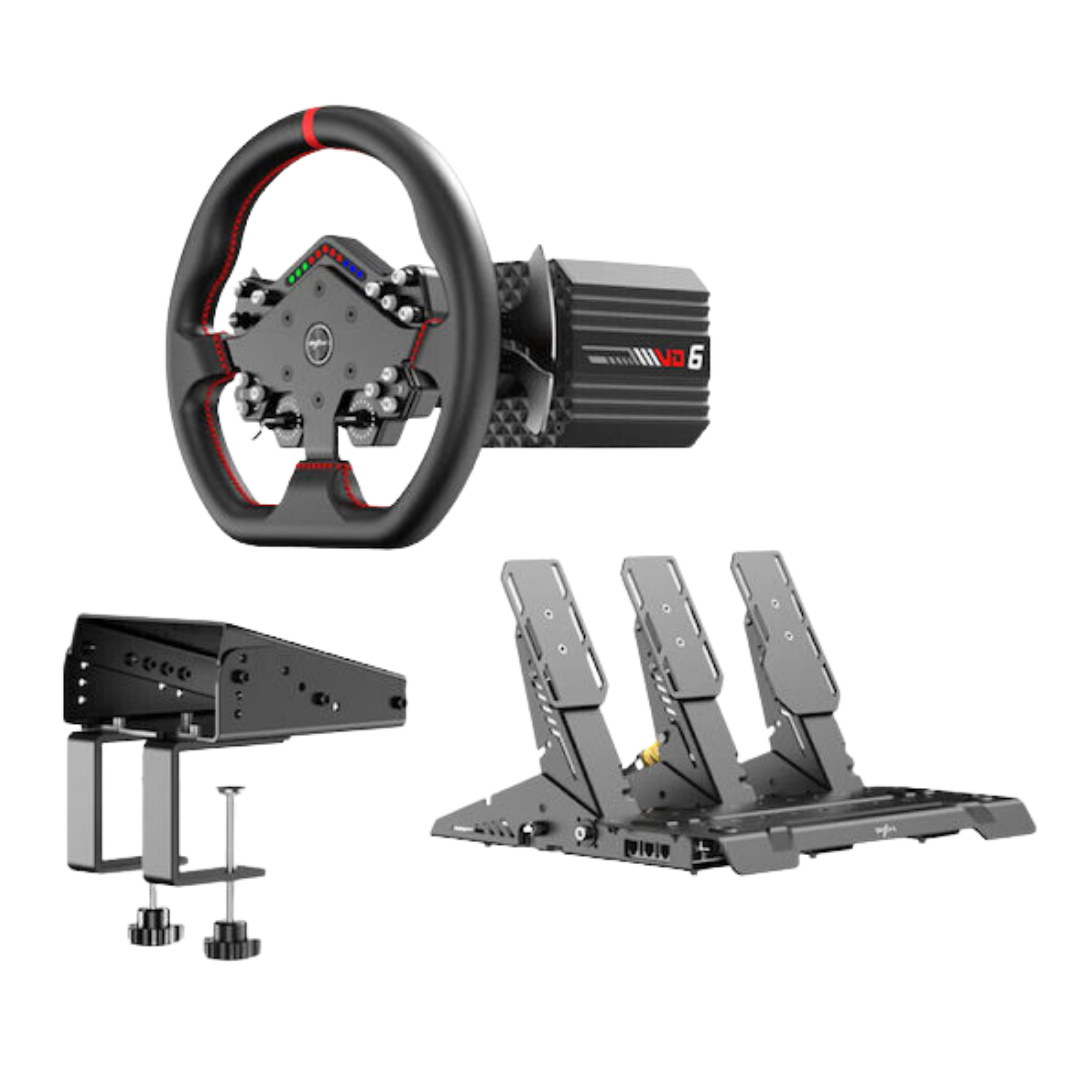 PXN VD6 Bundle: PC Steering Wheel and Pedals – 6 Nm Direct Drive Servo Motor Base, W AS Racing Wheel, Hall Effect 2-Pedal Set, and Table Clamp – Professional Sim Racing Setup for Windows PC (7–11)