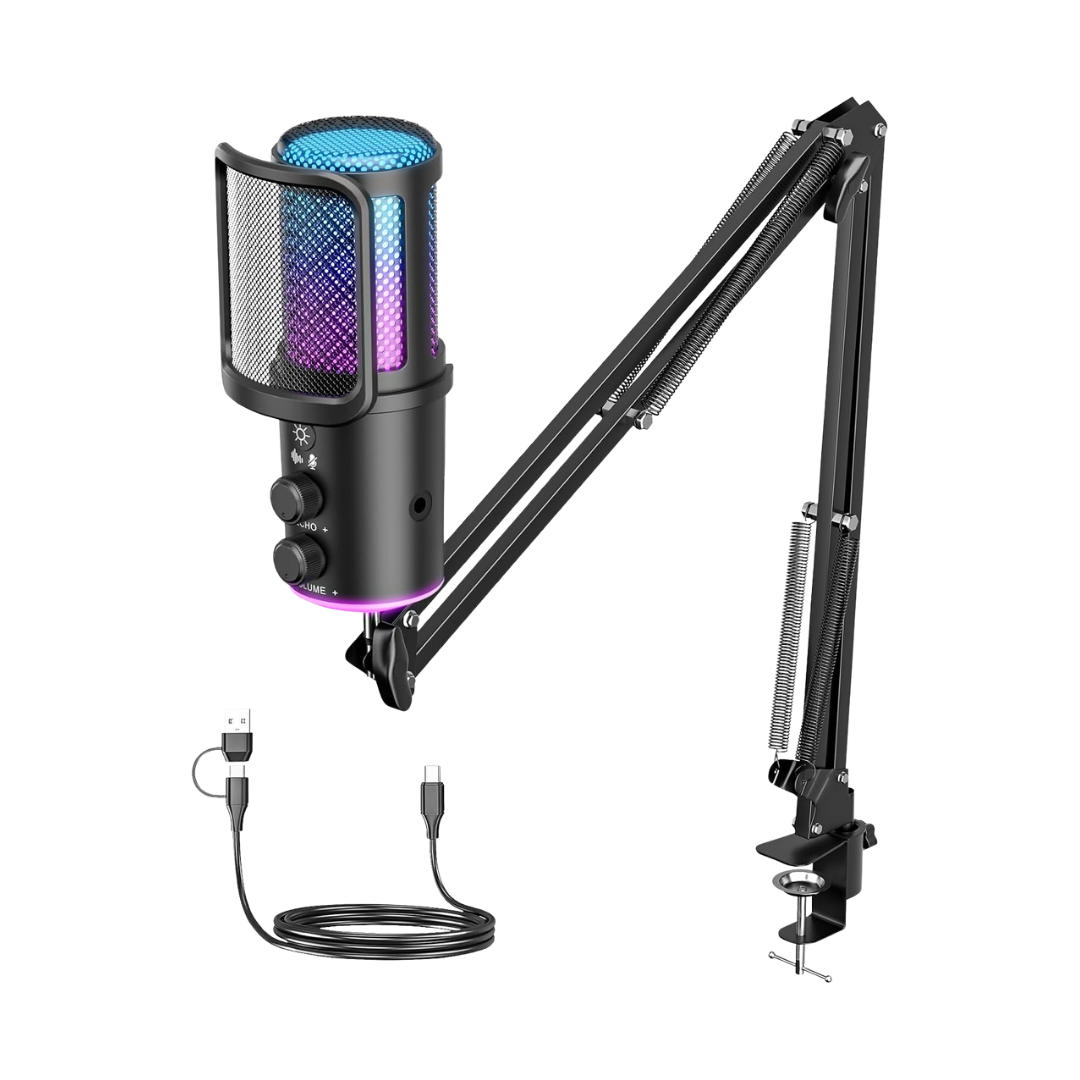 Gaming USB Microphone, Noise Cancellation Condenser Mic with Mute,Boom Arm Mic-Reverb Adjustment, Monitoring for Streaming, Podcasting, Discord, YouTube,PC, Computer, PS4, PS5, Mac-White