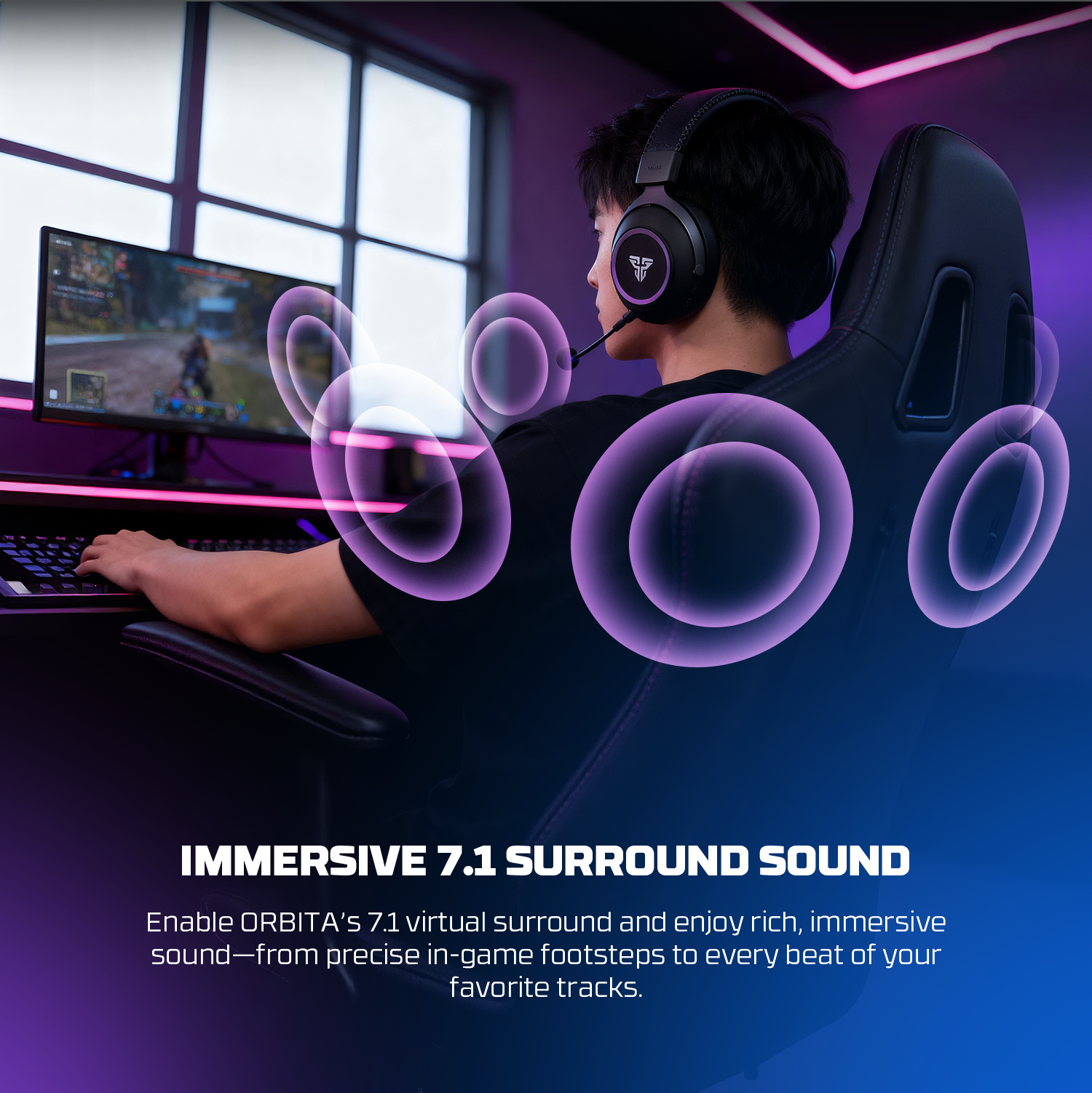 FANTECH Orbita WHG07 2.4G Bluetooth Wireless Gaming Headset 53mm Hi-Fi 7.1 Surround Sound Headphones with Noise Reduction Mic