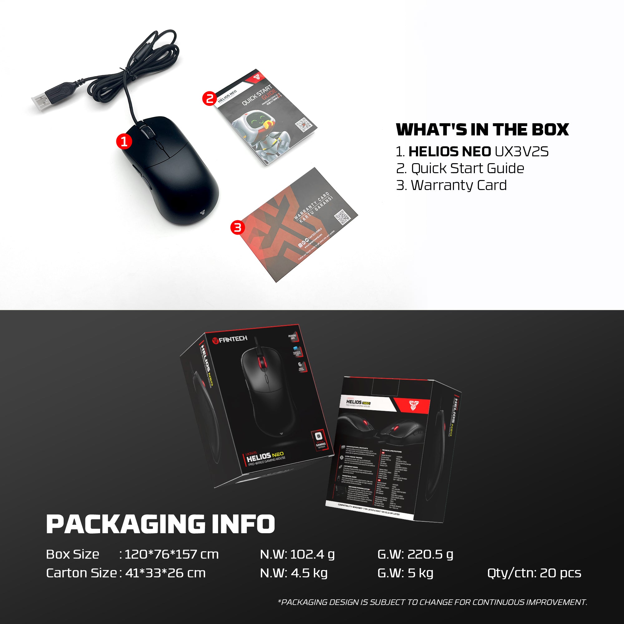 Fantech Helios Neo UX3V2S Wired Gaming Mouse with RGB Lighting 6D Macro Function 400-20000 Adjustable DPI 20 Million Clicks Plug & Play Tracking Speed Up to 450 IPS / 50G Acceleration 1.8m Nylon Braided USB Cable Connectivity 1000Hz Polling Rate
