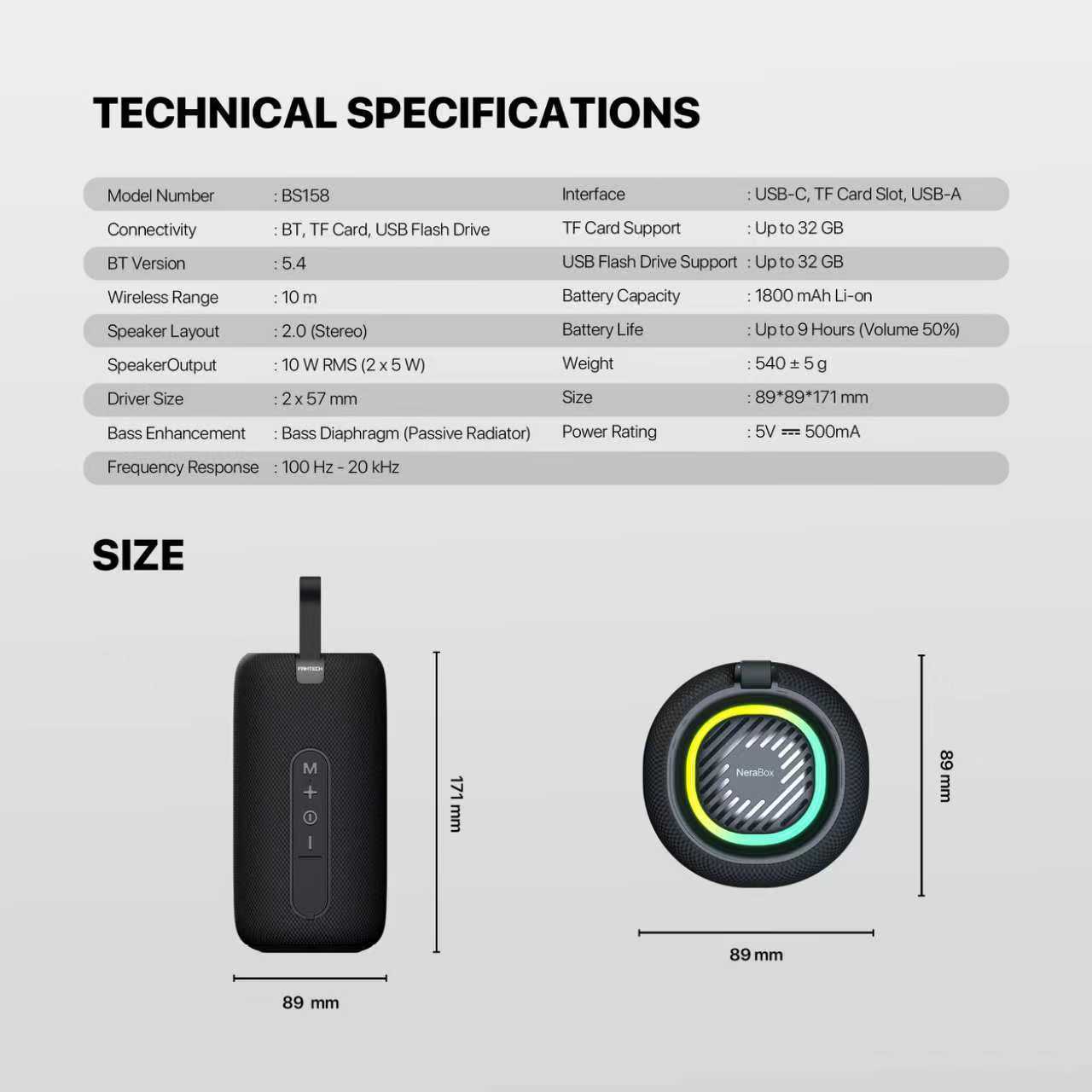 FANTECH BS159 True Wireless RMS Speaker TWS Deep Bass 10W 57mm Driver 4-Way Connectivity BT TF Card USB RGB Portable Speaker - Black