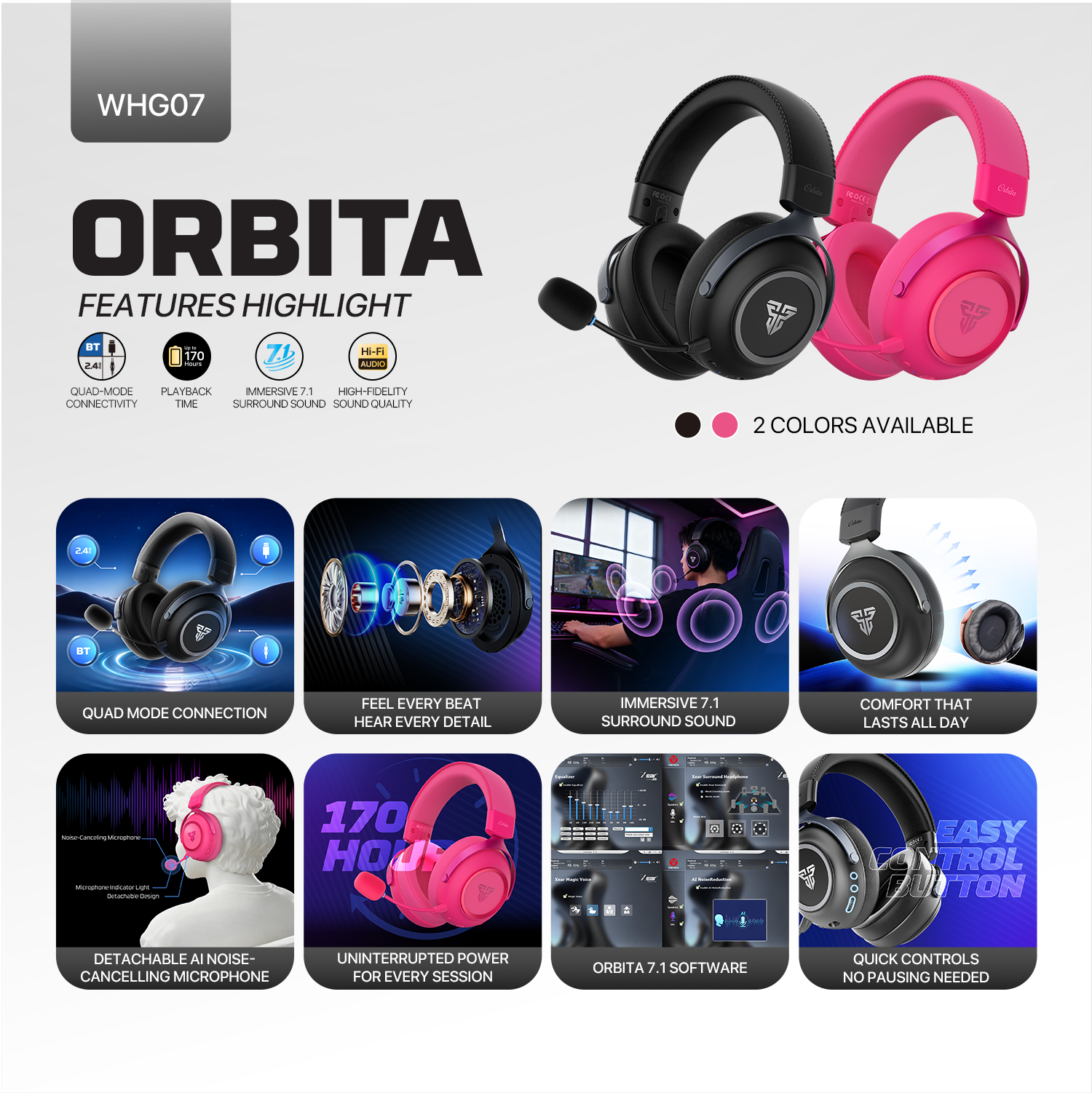 FANTECH Orbita WHG07 2.4G Bluetooth Wireless Gaming Headset 53mm Hi-Fi 7.1 Surround Sound Headphones with Noise Reduction Mic
