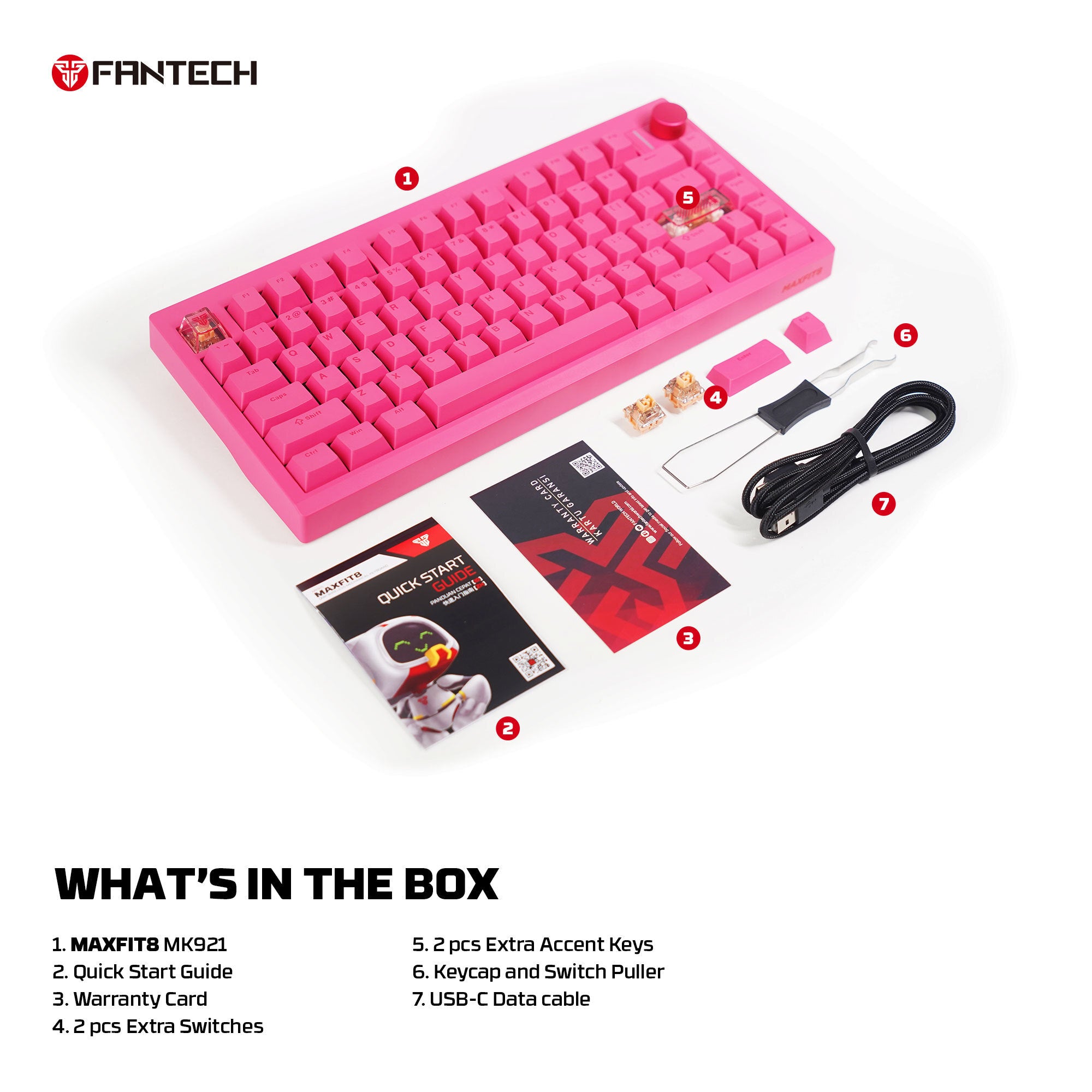 لوحة مفاتيح ميكانيكية Fantech MK921 MAXFIT8 QMK باللون الوردي