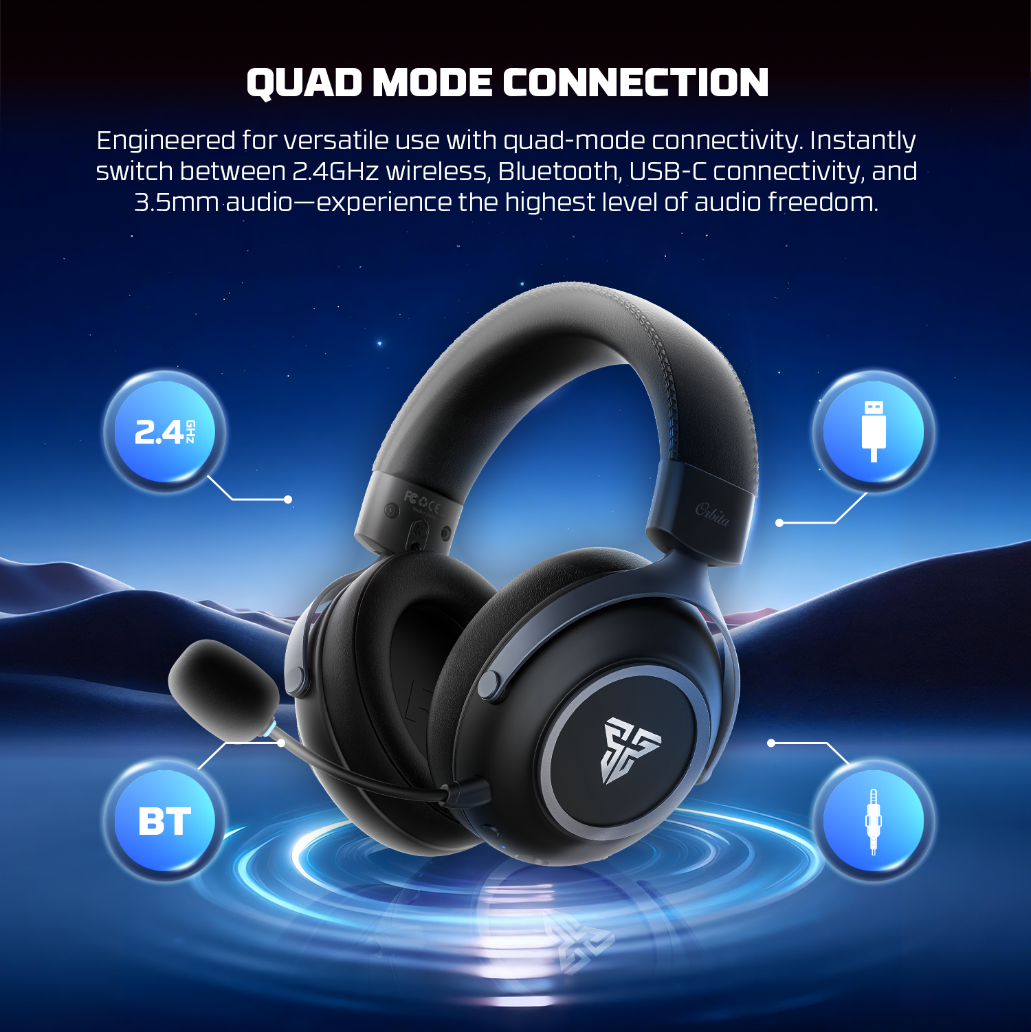 FANTECH Orbita WHG07 2.4G Bluetooth Wireless Gaming Headset 53mm Hi-Fi 7.1 Surround Sound Headphones with Noise Reduction Mic