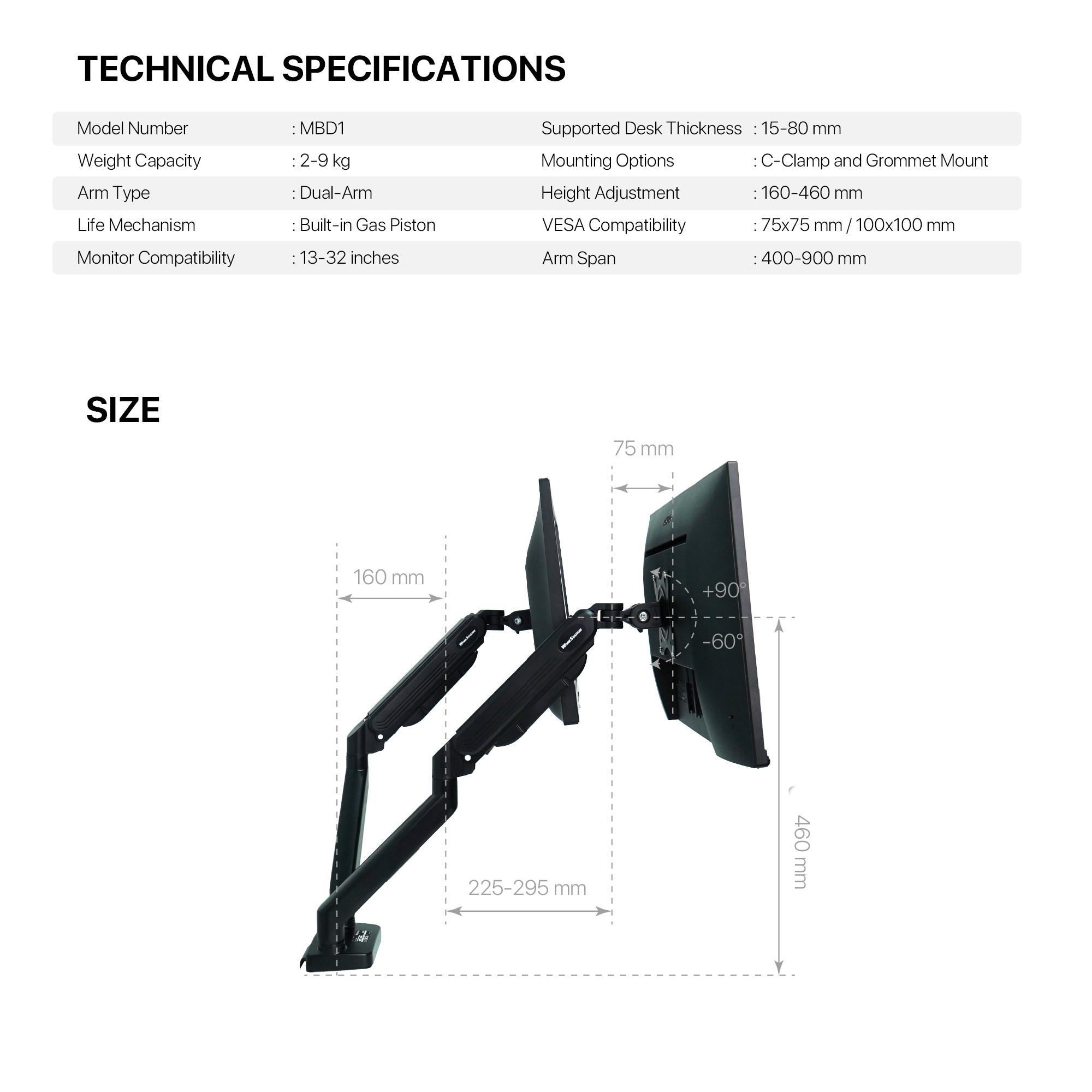 Fantech Workstation MBD1 Dual-Arm Monitor Mount, 90 Degree for 13" to 32" Screen Adjustable Spring Dual Monitor Arm Bracket for Desk