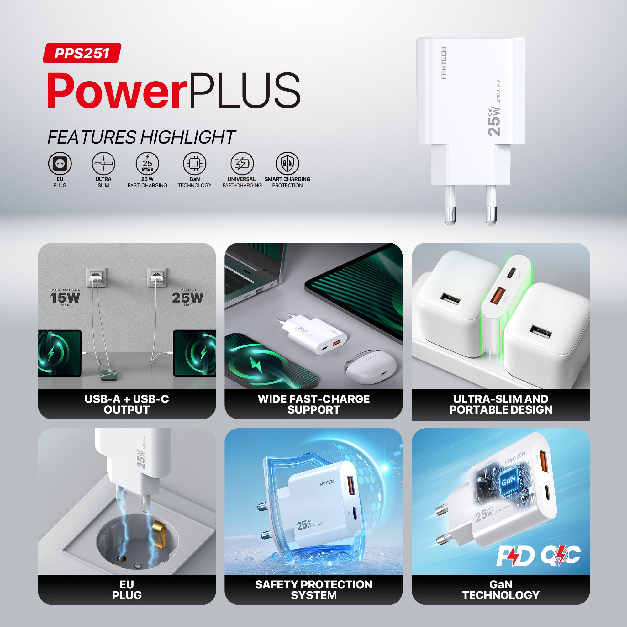 Fantech PowerPLUS PPS251 25W GaN Fast Charger – Dual-Port USB-C & USB-A PD + QC Wall Charger, Ultra-Slim Compact Design with Smart Charging & Safety Protection