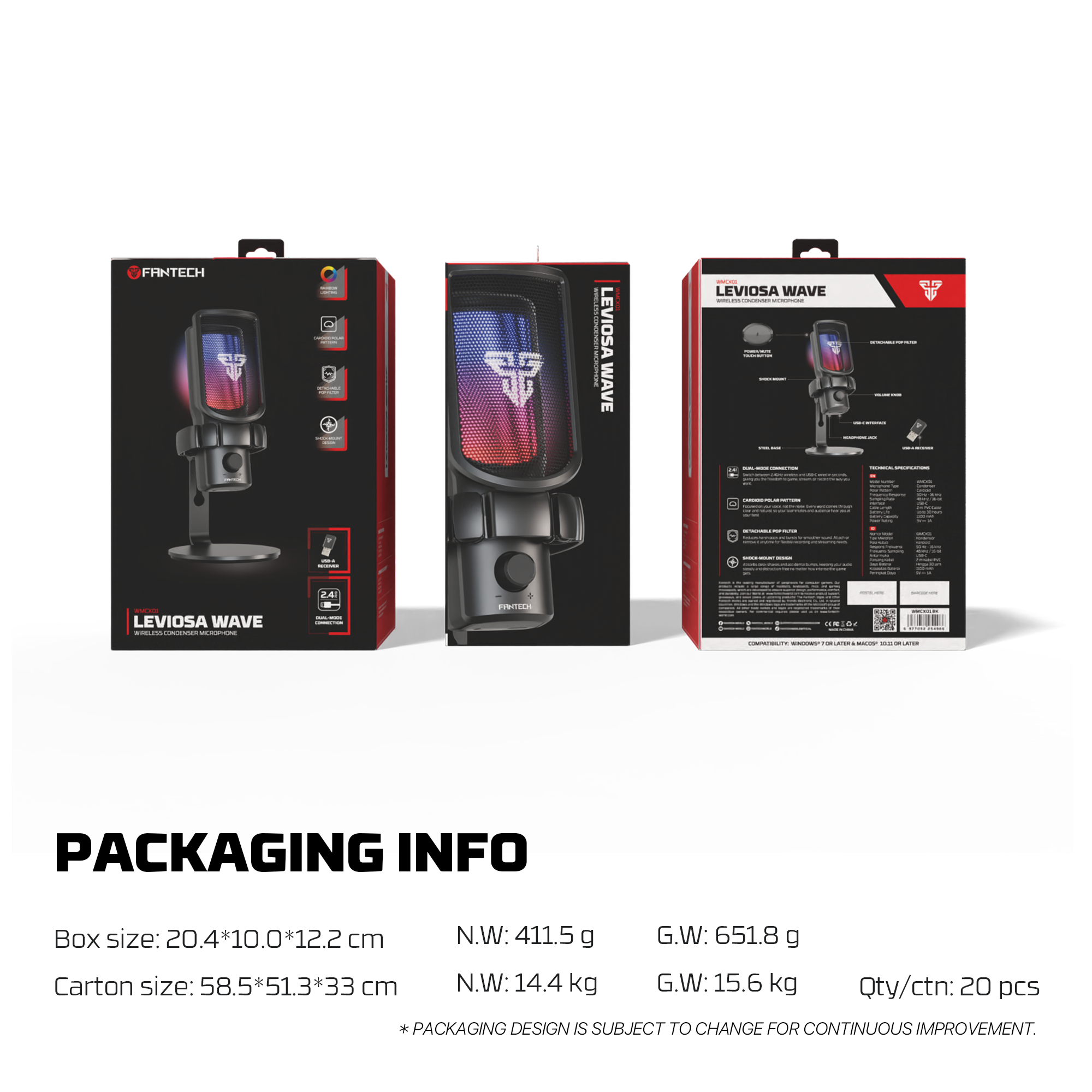 FANTECH WMCX01 LEVIOSA WAVE DUAL-MODE Wireless Condenser Microphone ,White