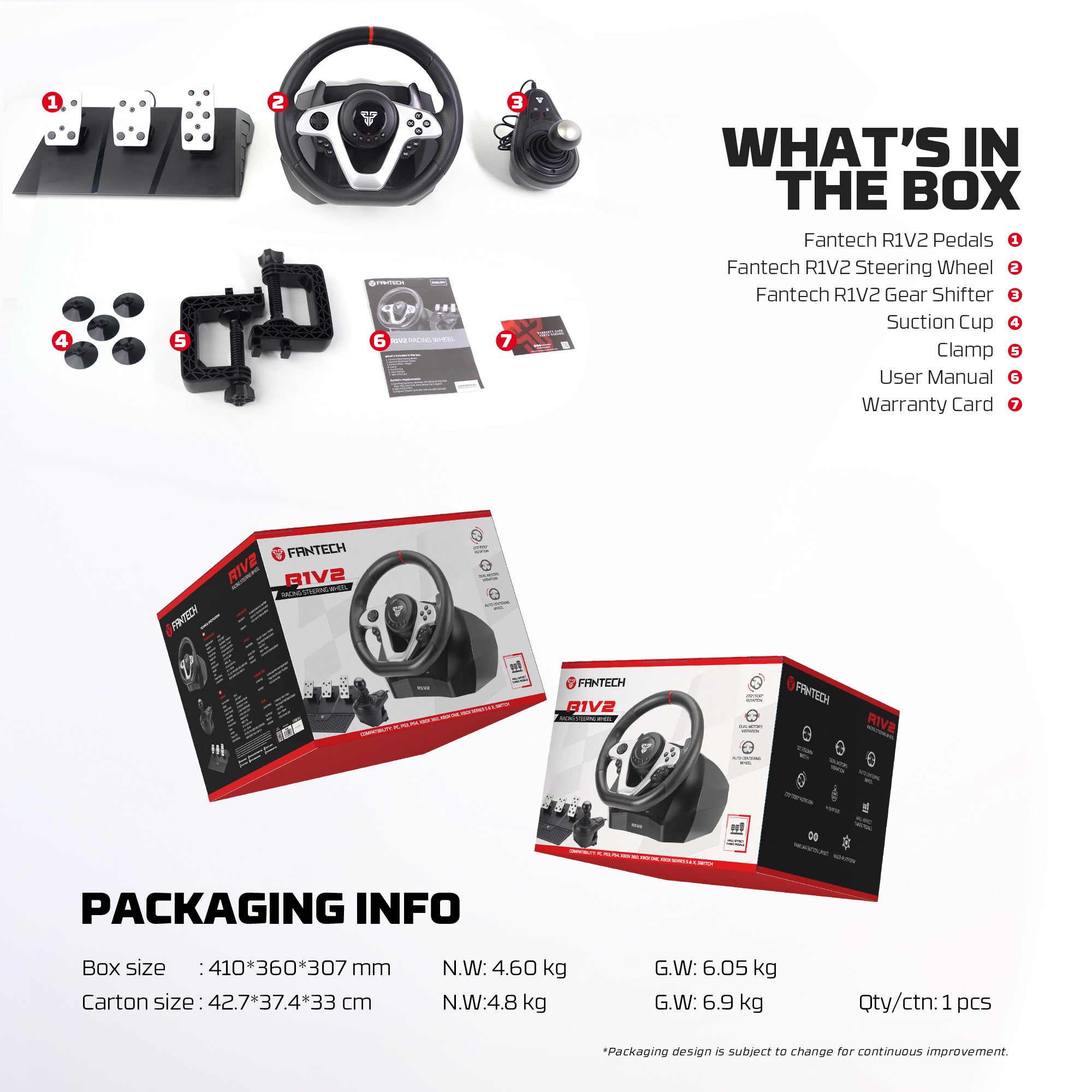 Fantech R1V2 Racing Steering Wheel | Dual-Motor Vibration | 270° / 900° Rotation | 15 Buttons + D-Pad | 6 Gears + Reverse | 3 Pedals (Clutch, Brake & Throttle) | PC Driving Wheel Set with Clutch and Shifter